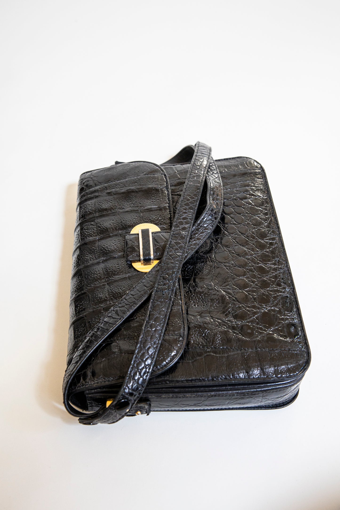 Vintage Black Caiman Shoulder Bag