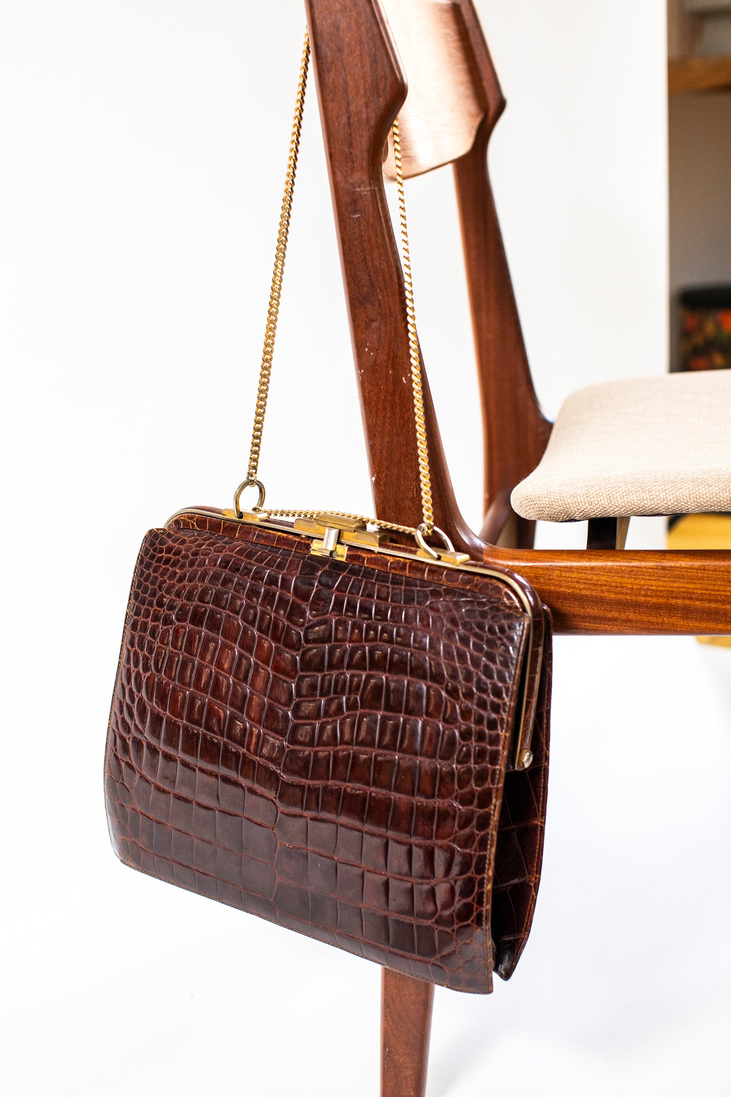 Large Vintage Brown Croc Bag with a Chain