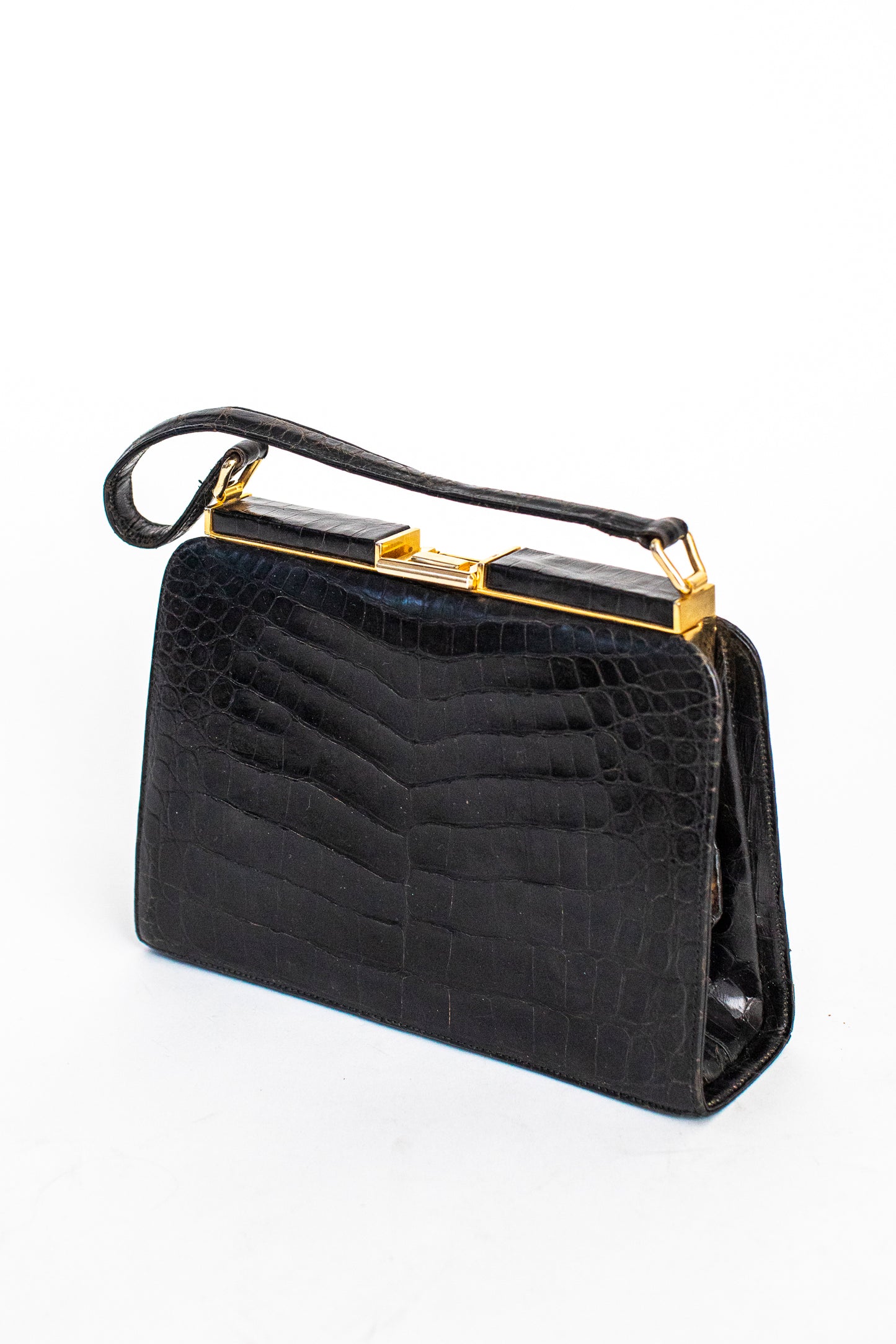 1970 Vintage Large Black Crocodile Leather Handbag