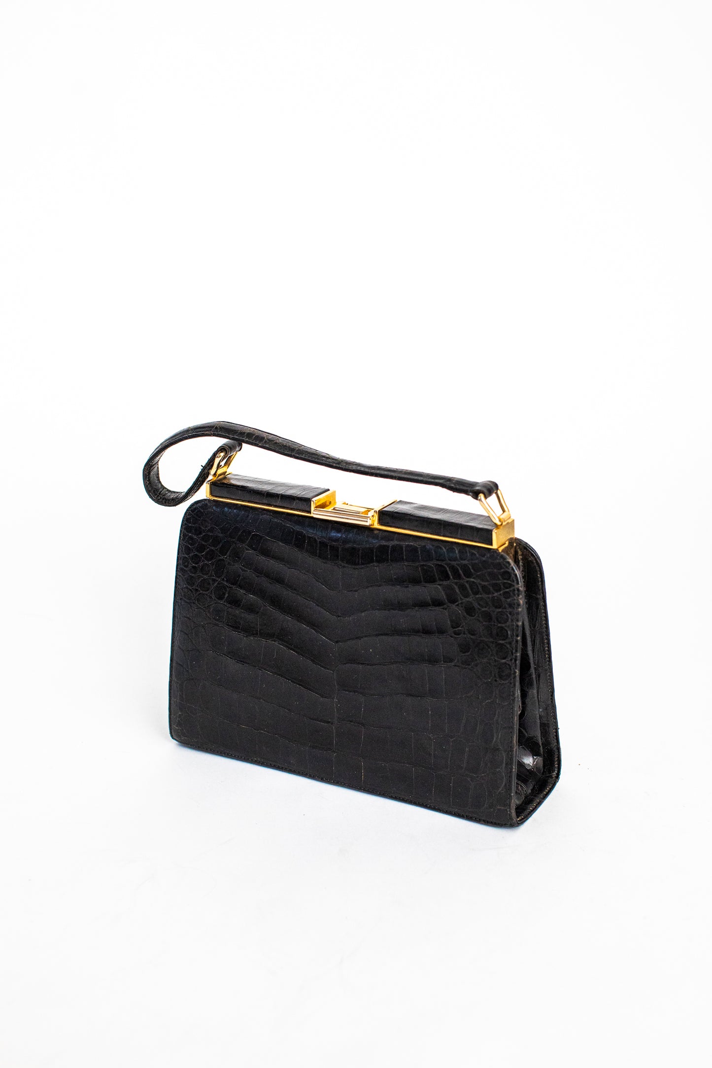 1970 Vintage Large Black Crocodile Leather Handbag