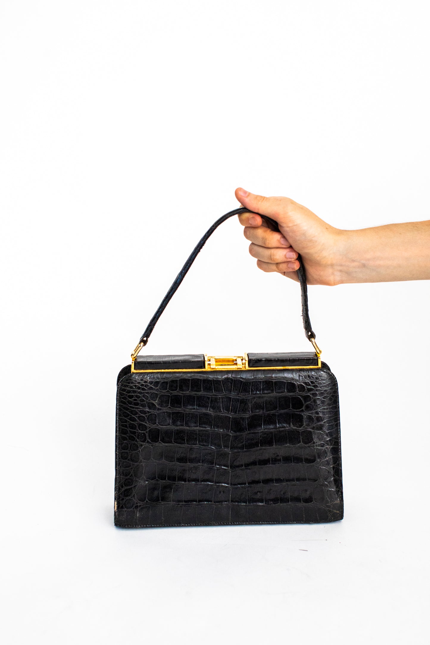1970 Vintage Large Black Crocodile Leather Handbag