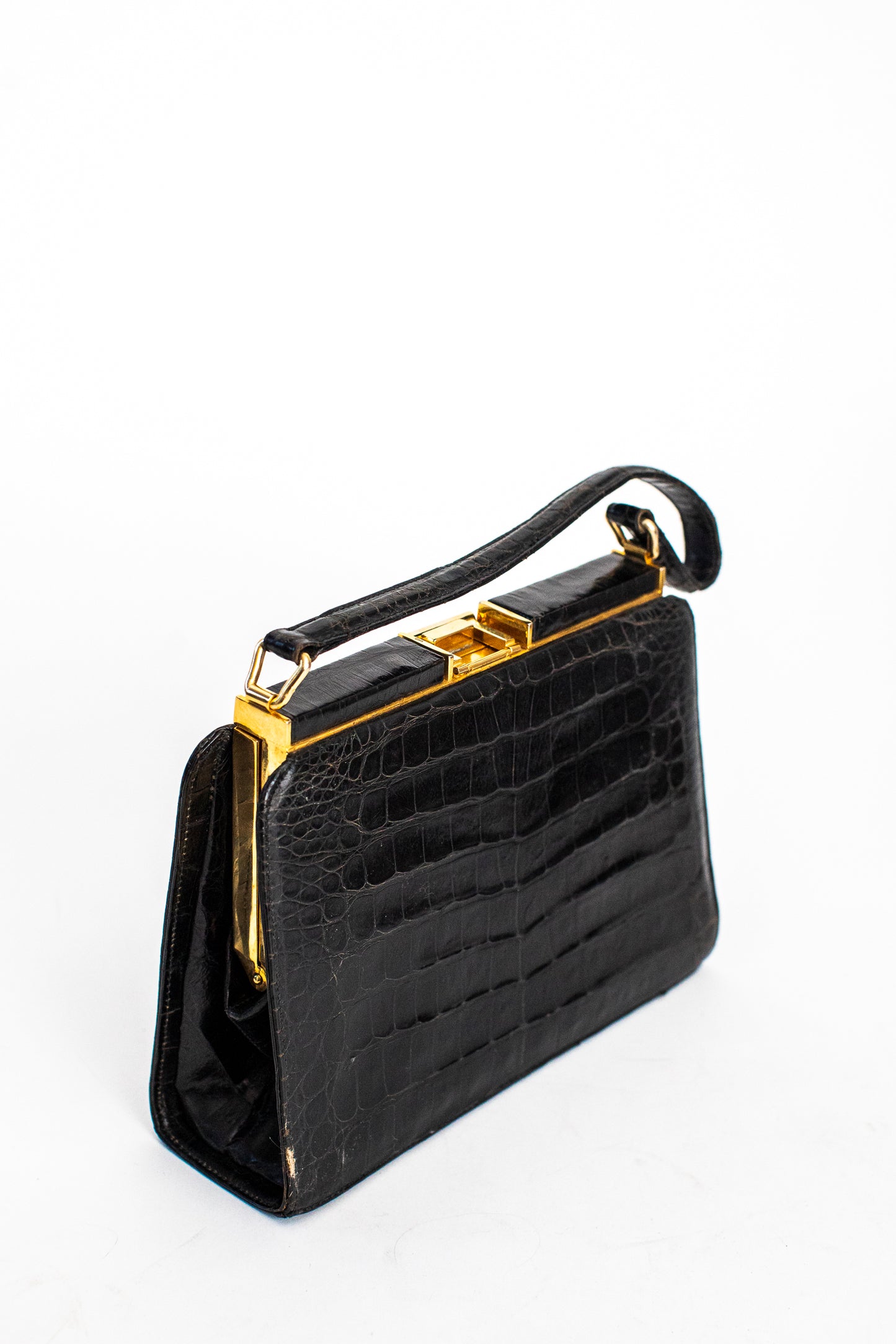 1970 Vintage Large Black Crocodile Leather Handbag
