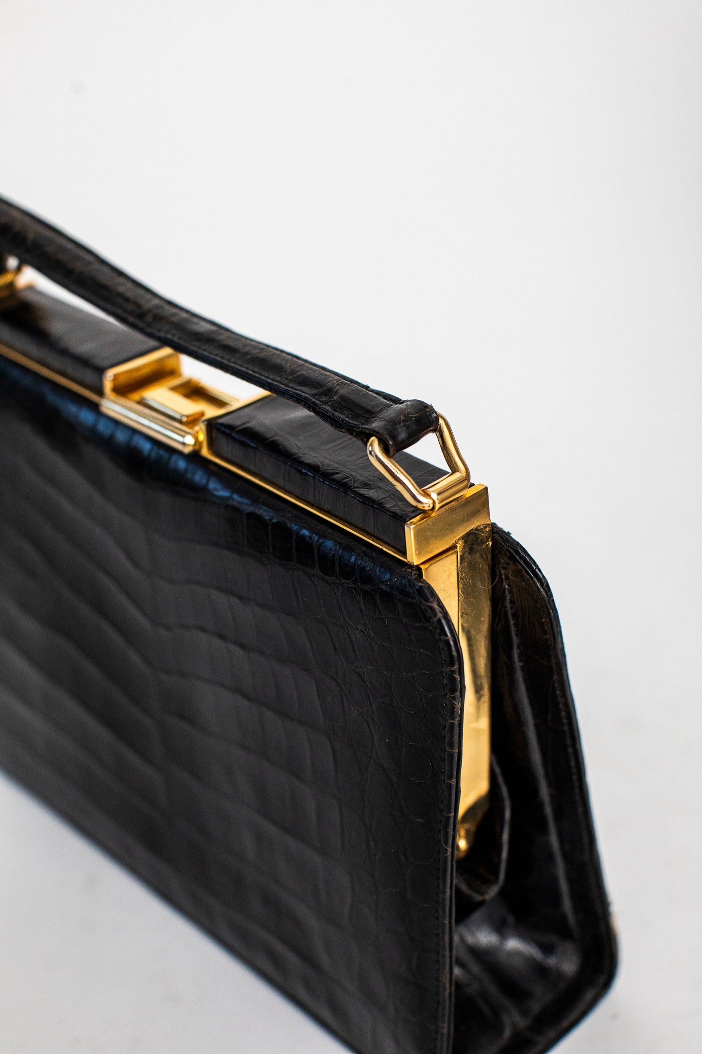 1970 Vintage Large Black Crocodile Leather Handbag