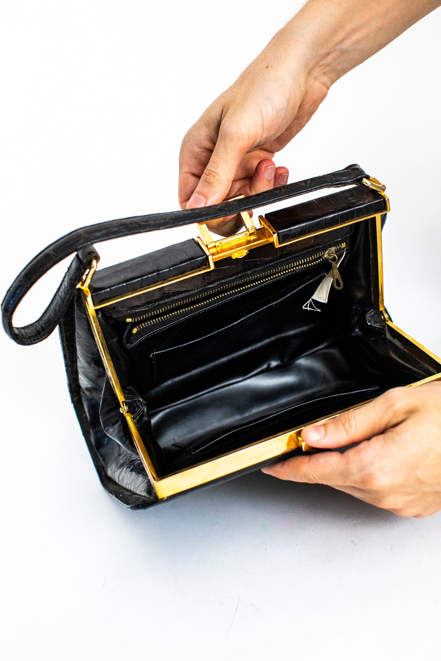 1970 Vintage Large Black Crocodile Leather Handbag