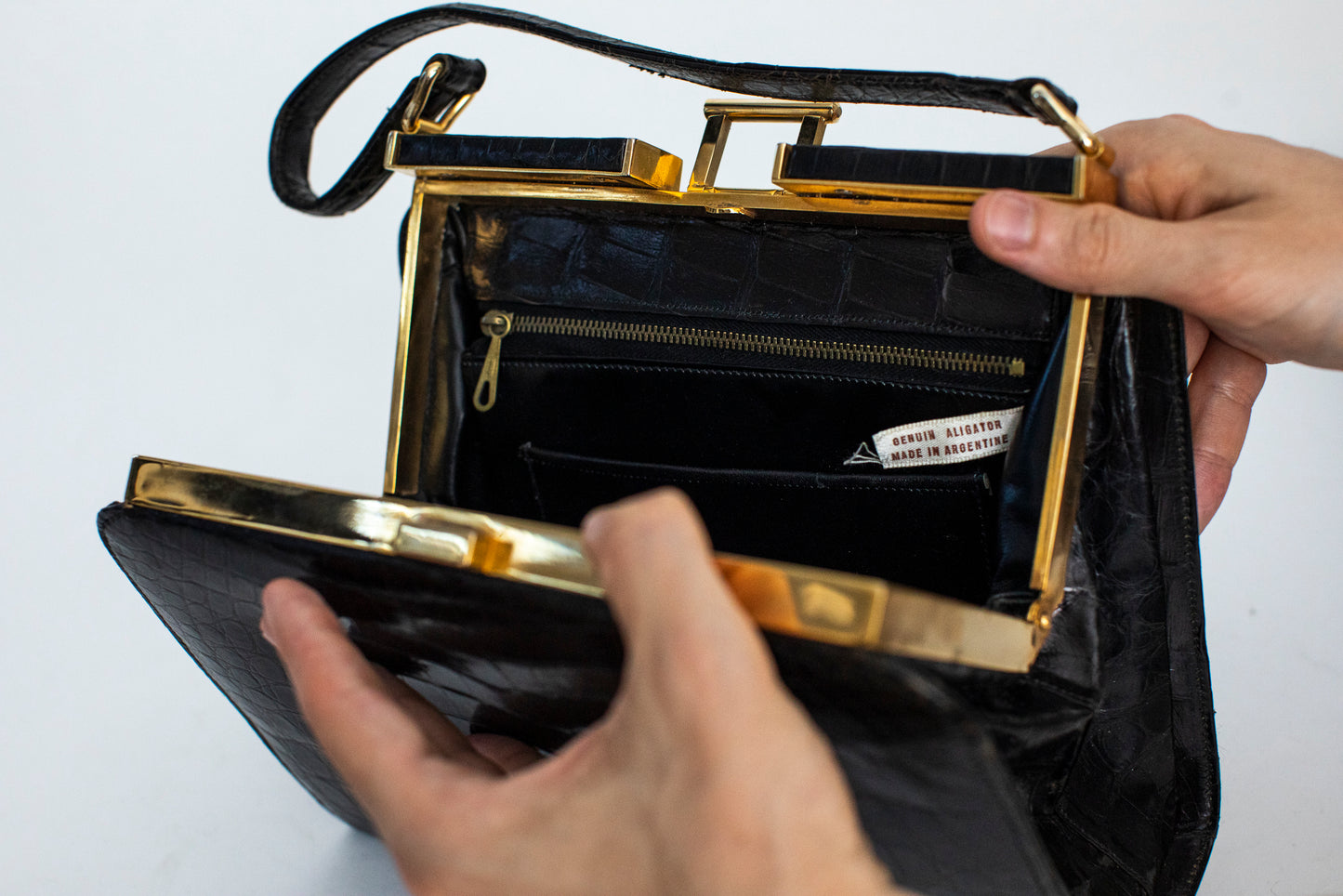 1970 Vintage Large Black Crocodile Leather Handbag