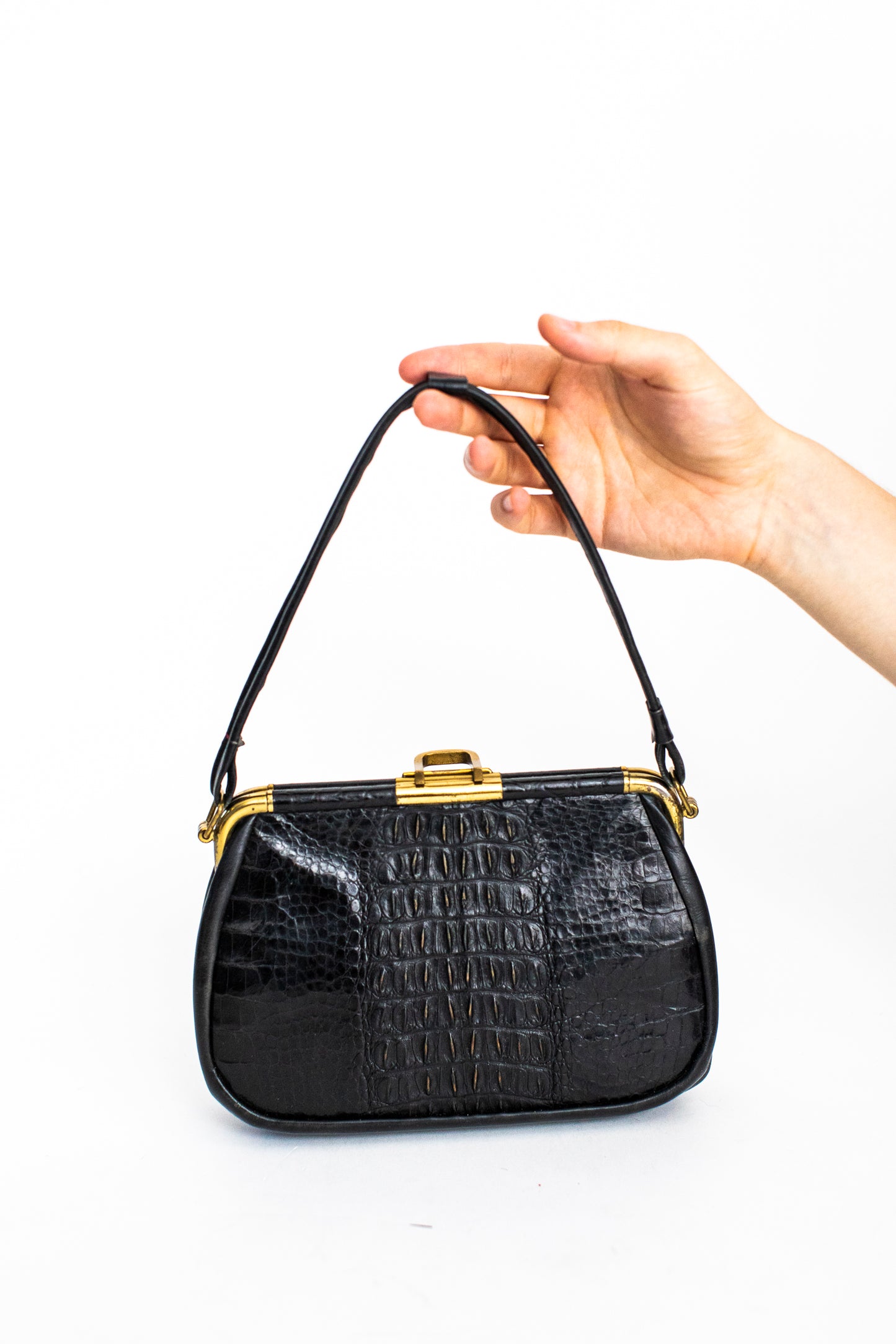 1940 Vintage Black Crocodile Leather Purse with Soft Handle