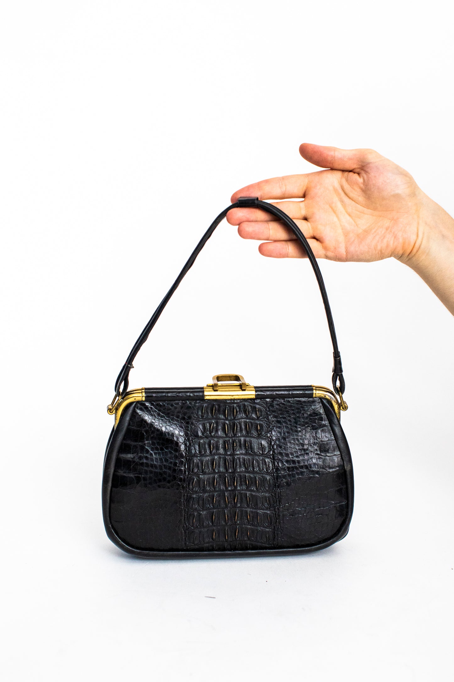 1940 Vintage Black Crocodile Leather Purse with Soft Handle