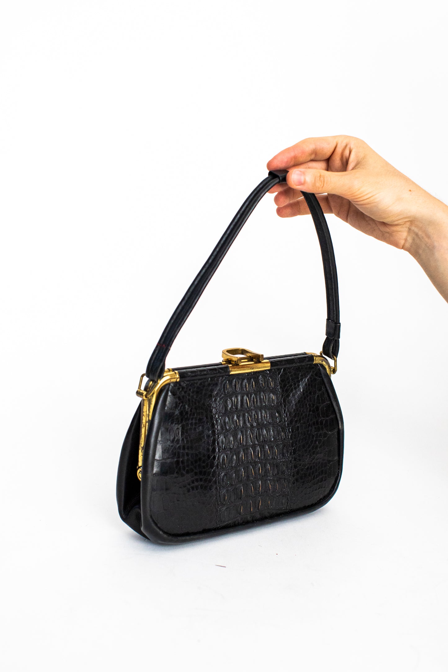1940 Vintage Black Crocodile Leather Purse with Soft Handle