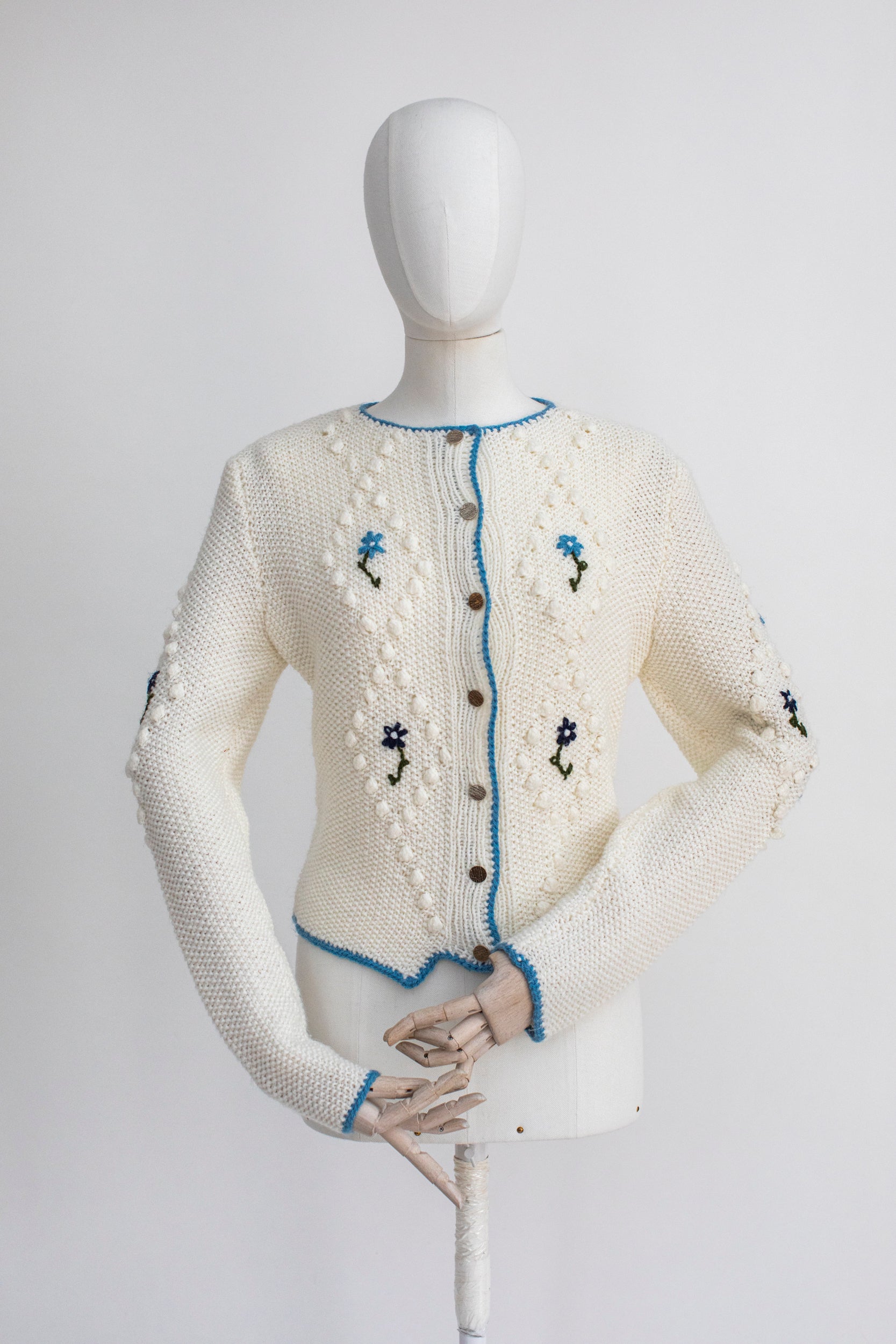Vintage White Hand Knitted Austrian Cardigan with Floral