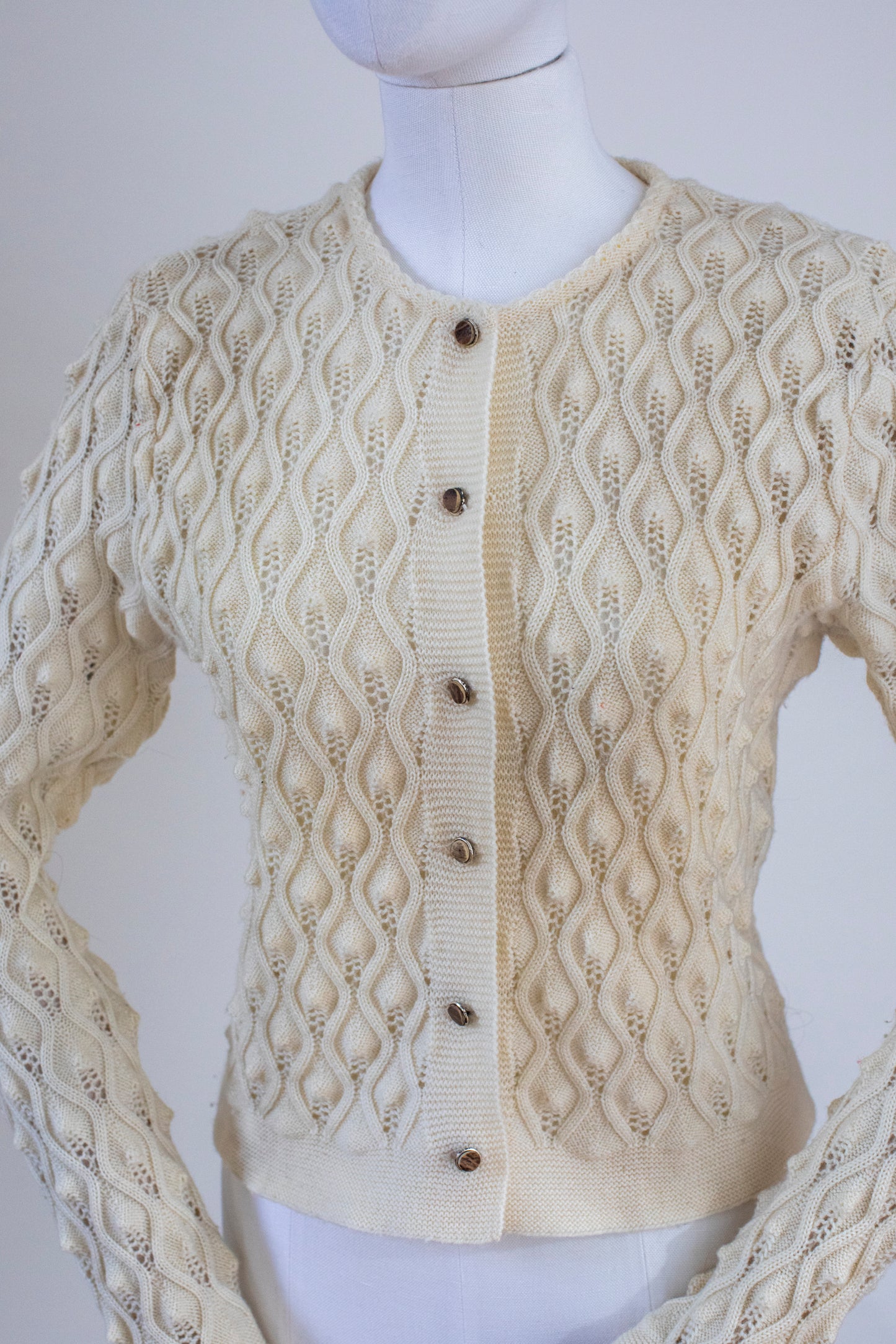 Vintage Hand Knitted Beige Austrian Cardigan Size XS-S