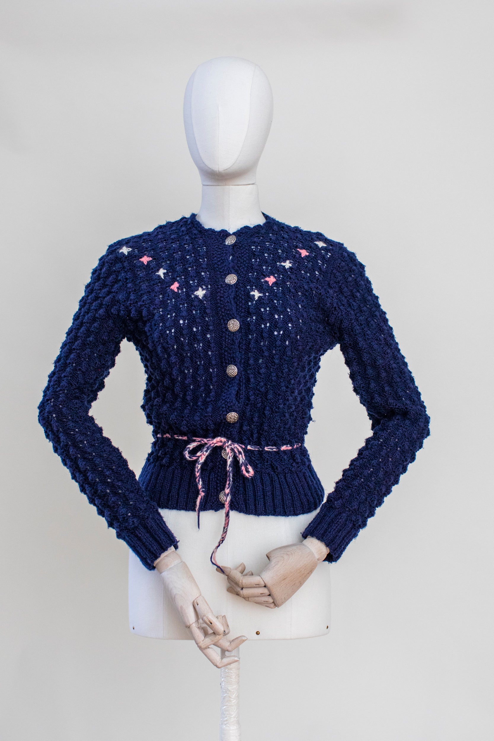 Vintage Blue Hand Knitted Austrian Cardigan with Floral