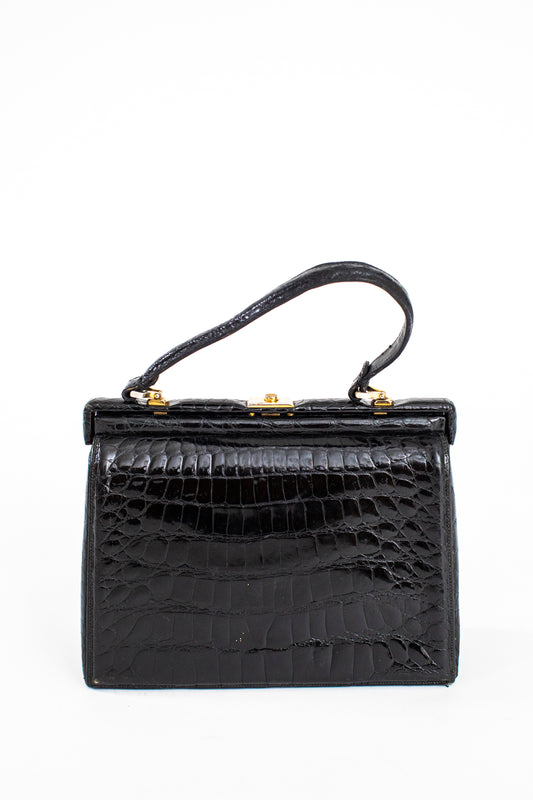 1960 Vintage Black Croc Leather Handbag