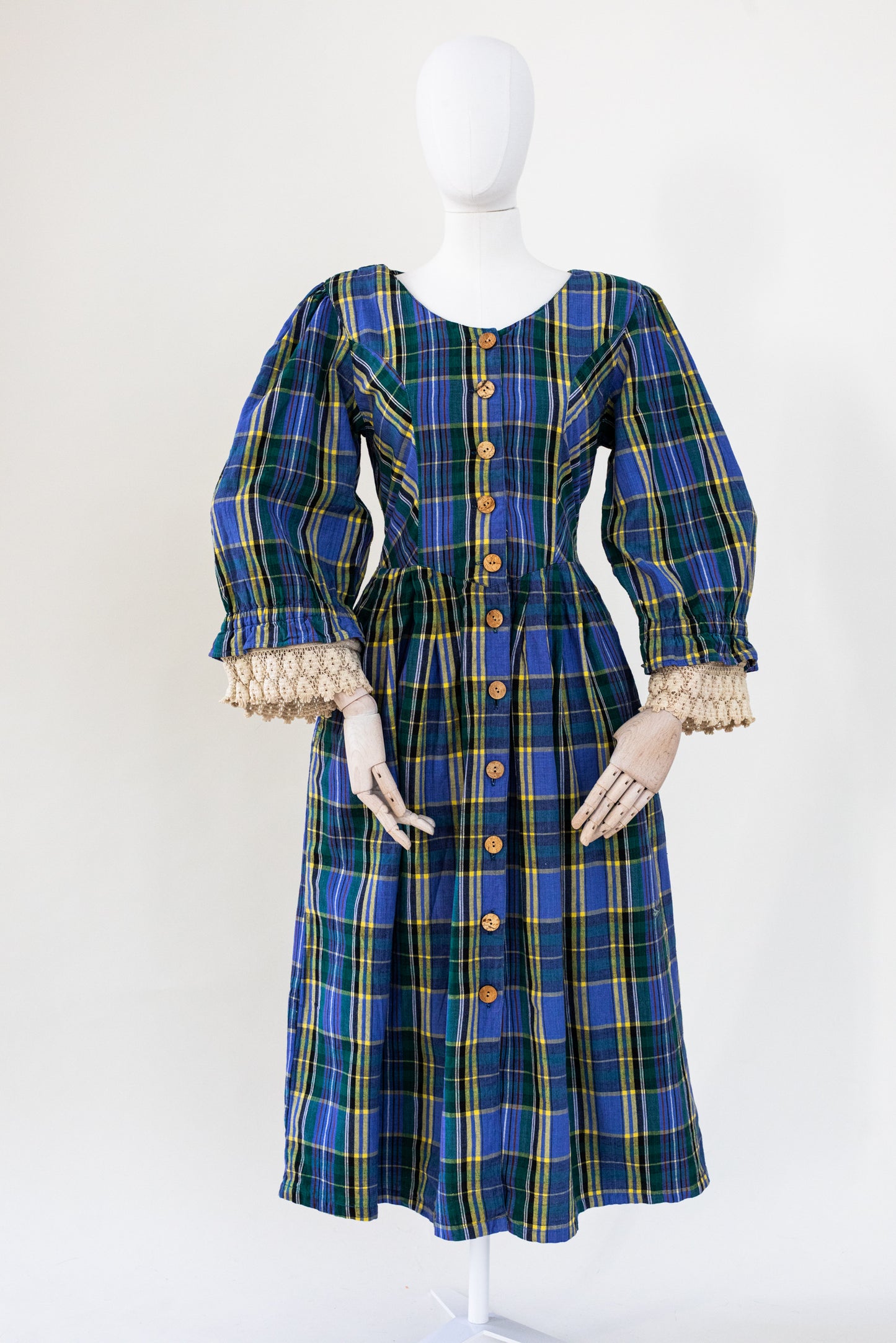 1980's Vintage Austrian Blue Plaid Dress with Lace - Size S