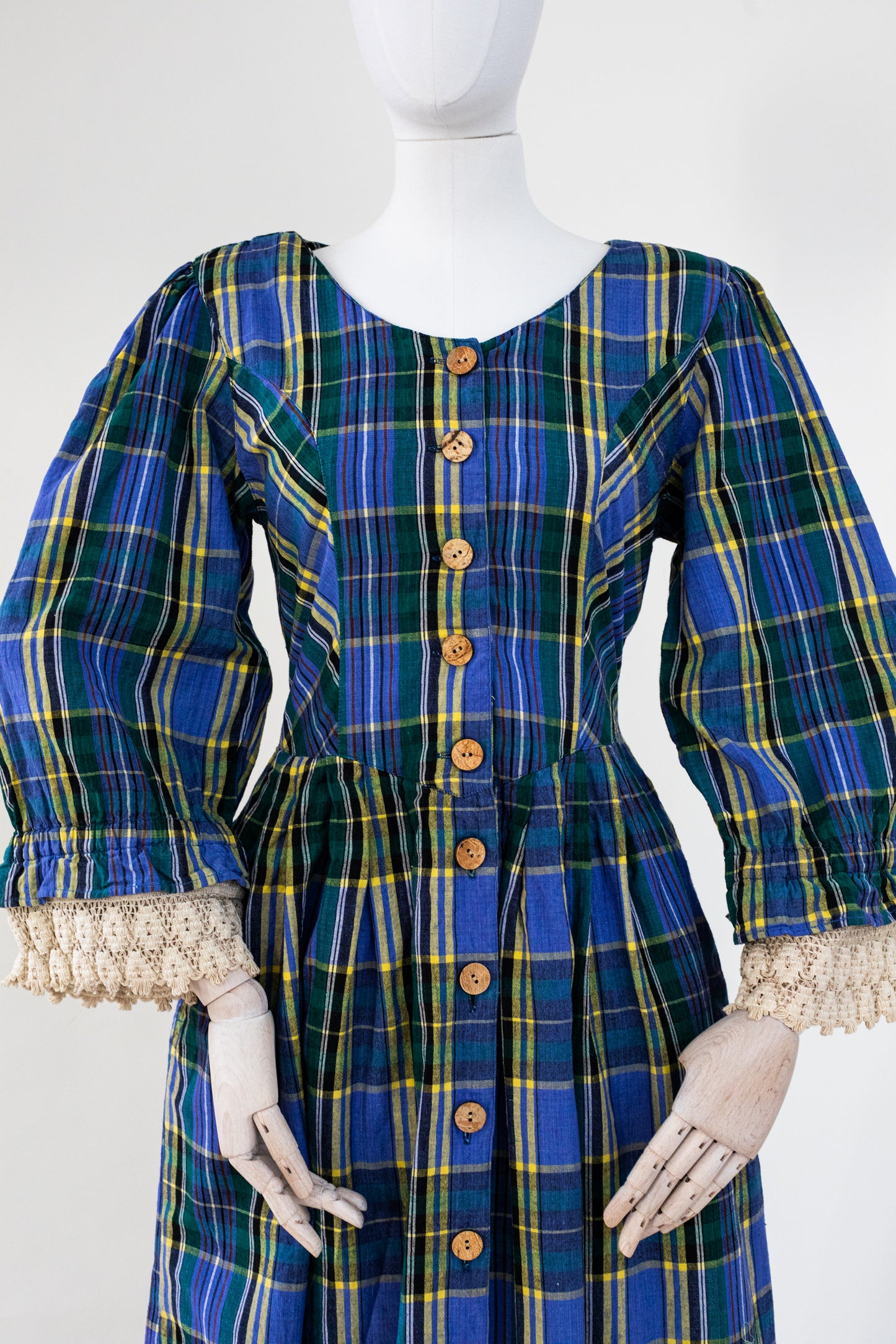 1980's Vintage Austrian Blue Plaid Dress with Lace - Size S