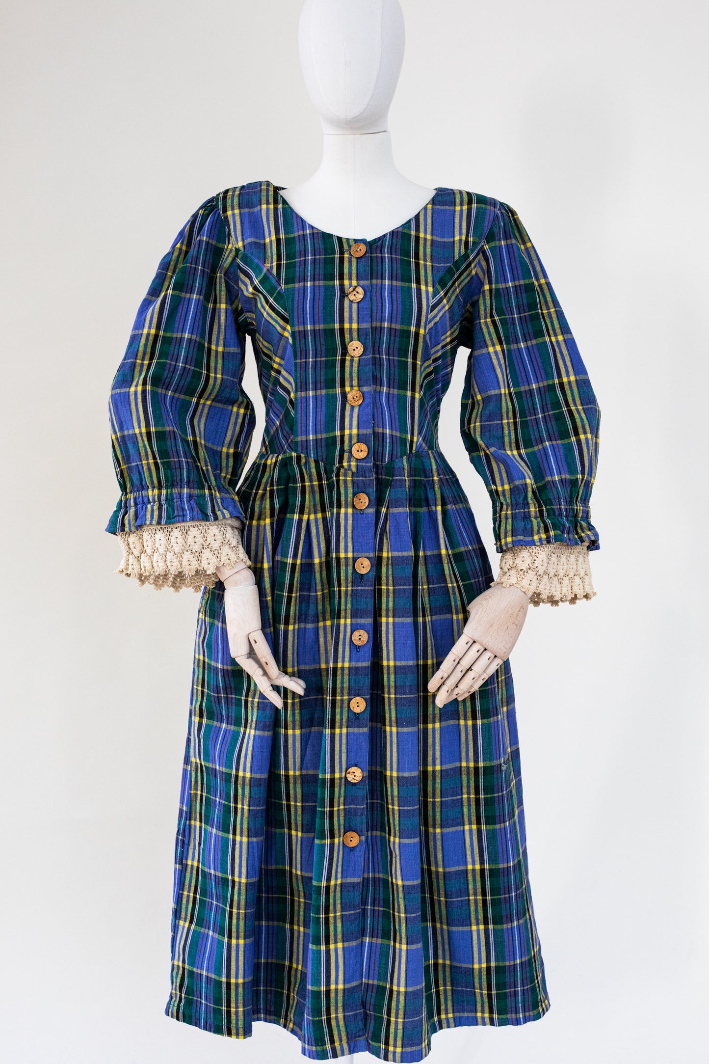 1980's Vintage Austrian Blue Plaid Dress with Lace - Size S