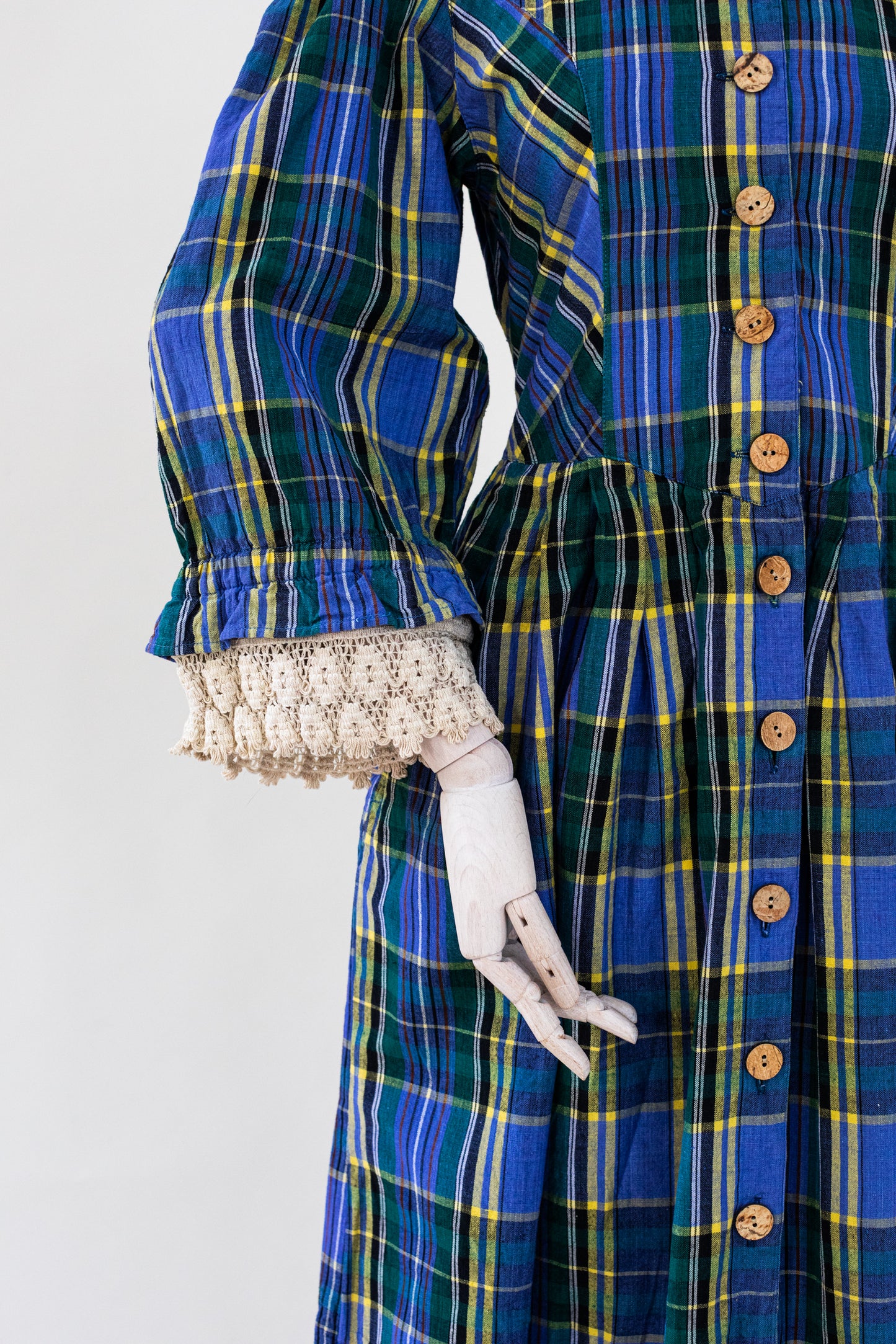 1980's Vintage Austrian Blue Plaid Dress with Lace - Size S
