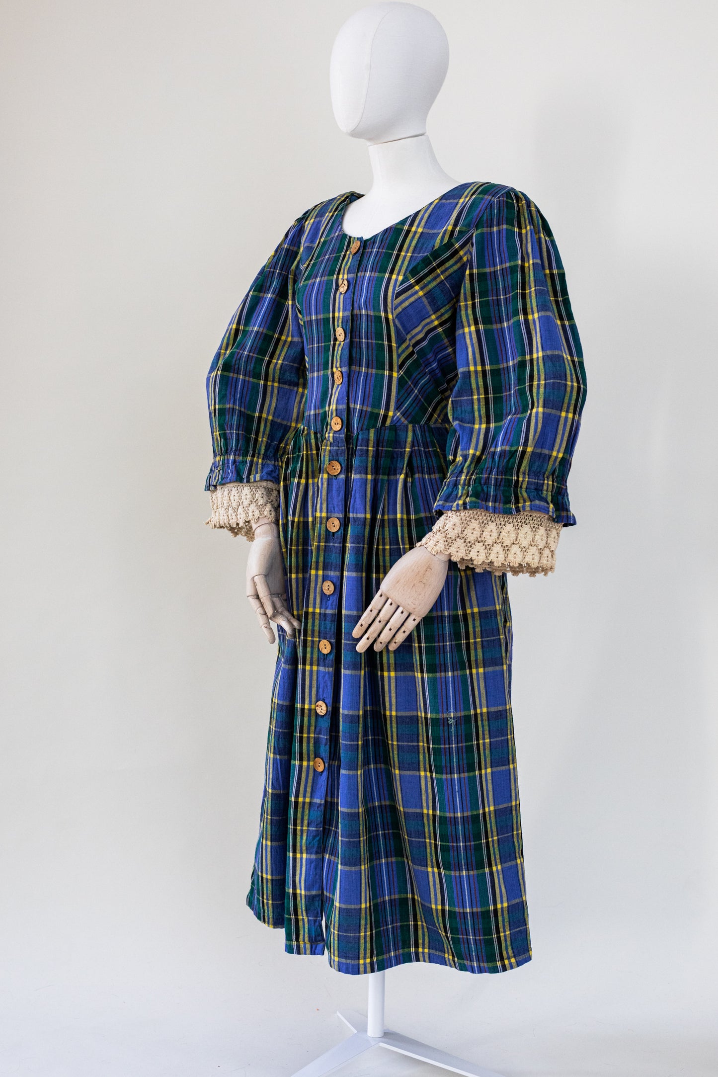 1980's Vintage Austrian Blue Plaid Dress with Lace - Size S