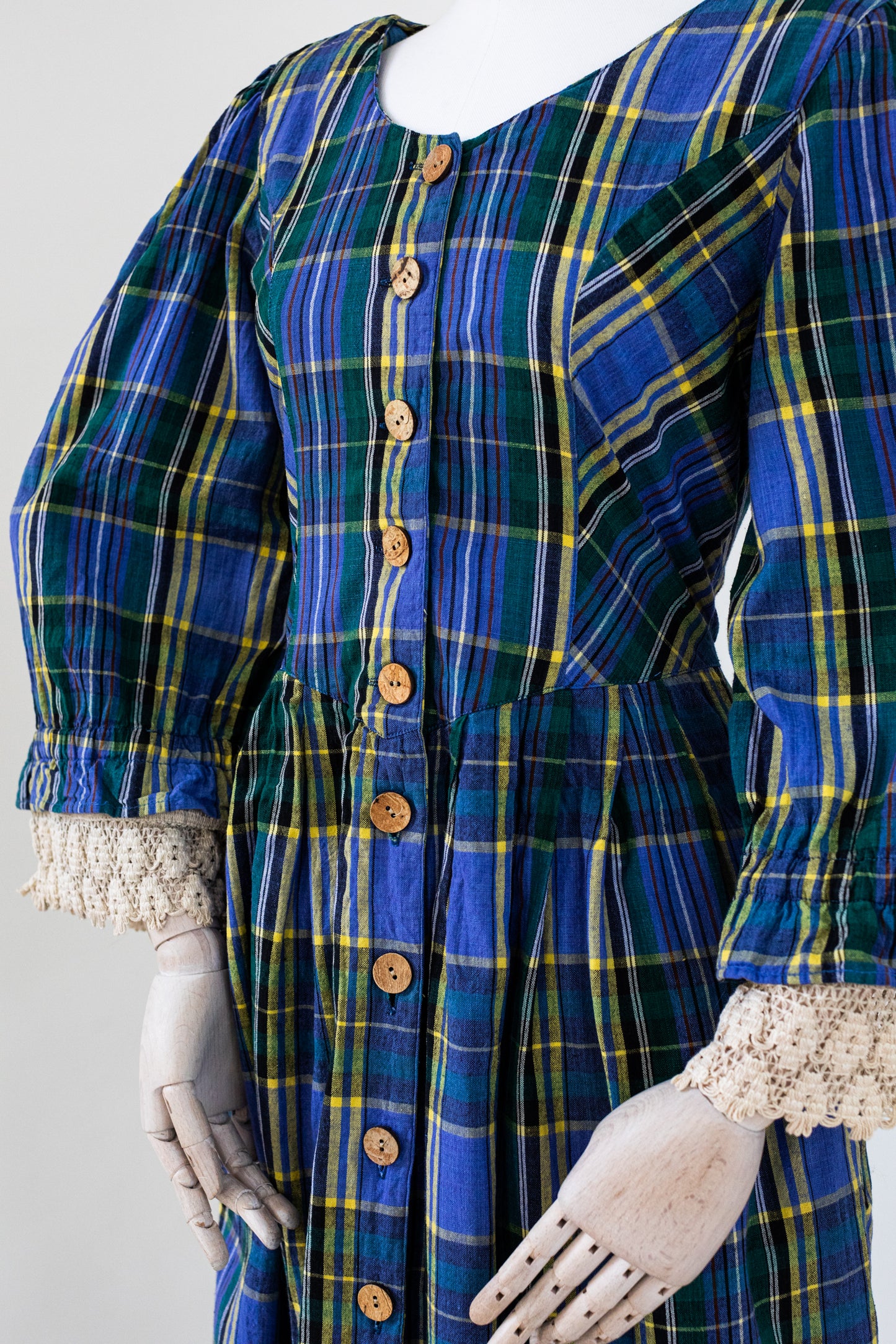 1980's Vintage Austrian Blue Plaid Dress with Lace - Size S