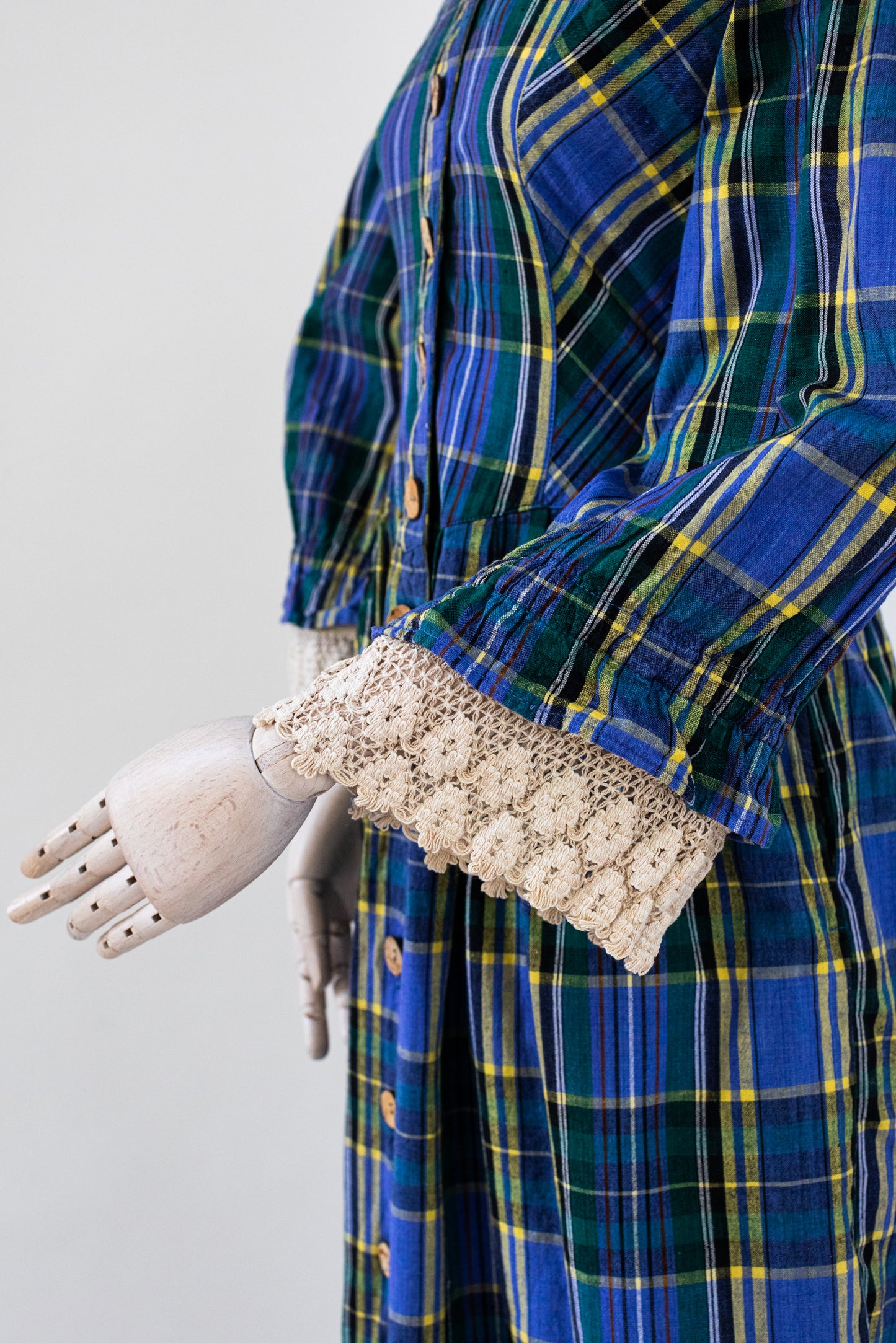 1980's Vintage Austrian Blue Plaid Dress with Lace - Size S