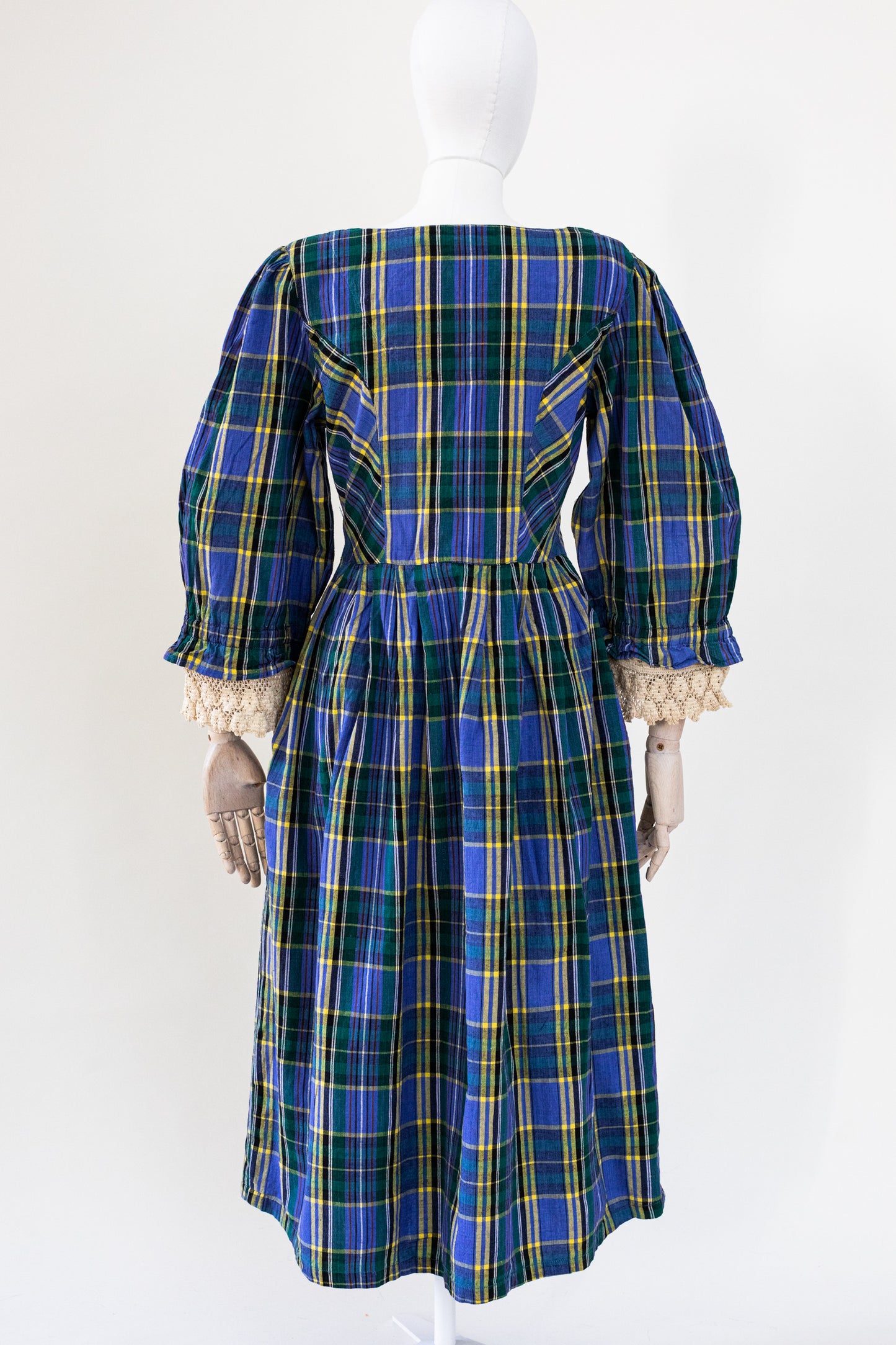1980's Vintage Austrian Blue Plaid Dress with Lace - Size S