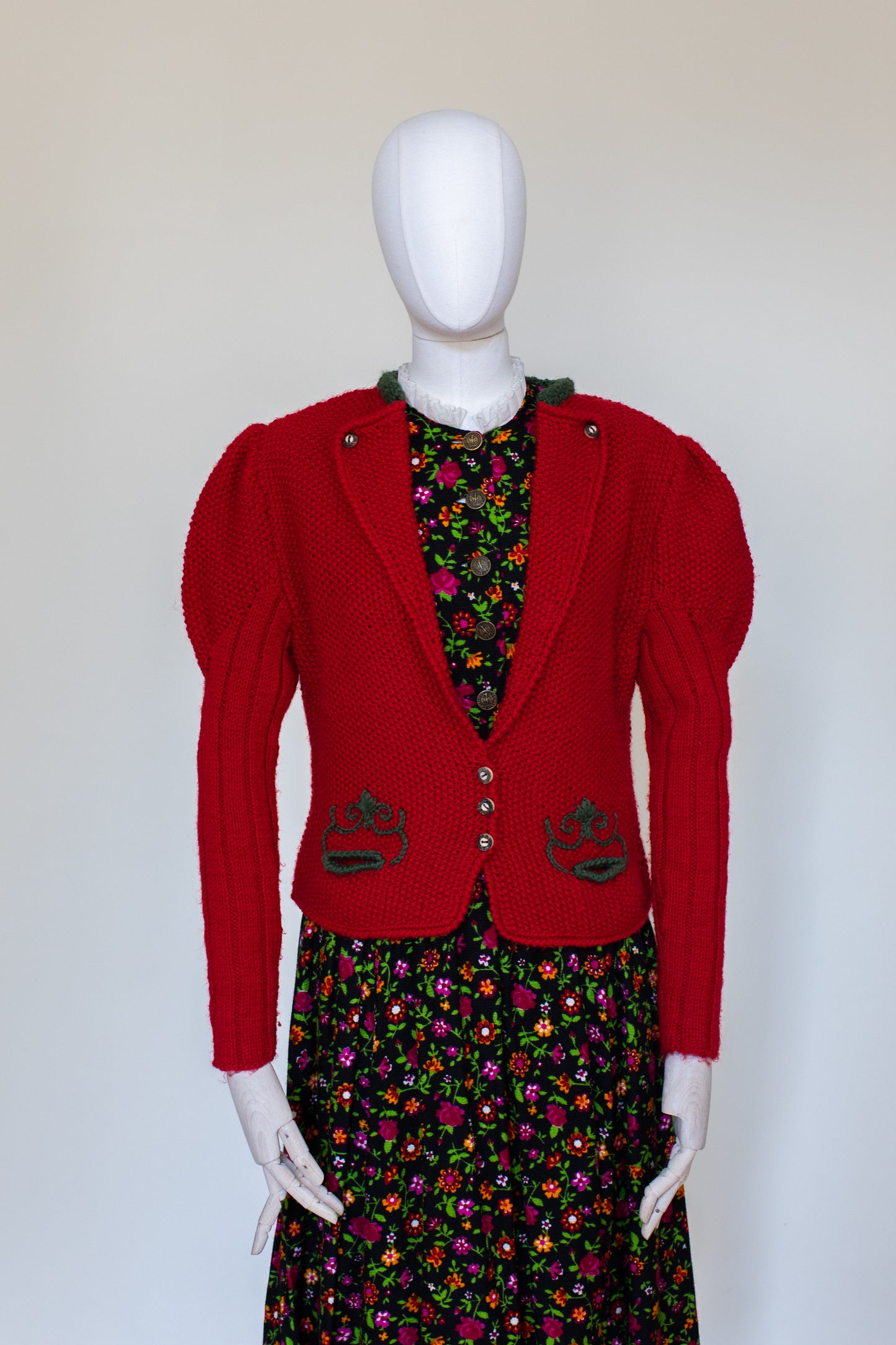 Vintage Red Hand Knitted Austrian Cardigan with a Green Trim Size S-M
