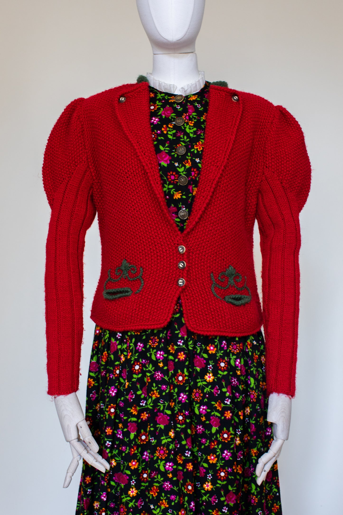 Vintage Red Hand Knitted Austrian Cardigan with a Green Trim Size S-M