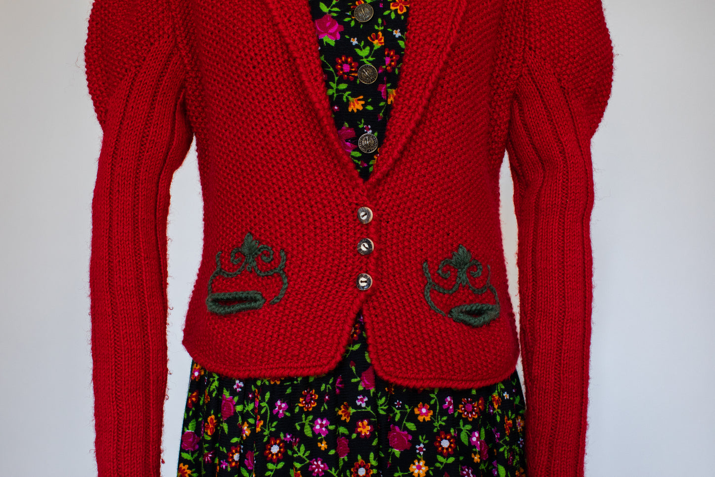 Vintage Red Hand Knitted Austrian Cardigan with a Green Trim Size S-M