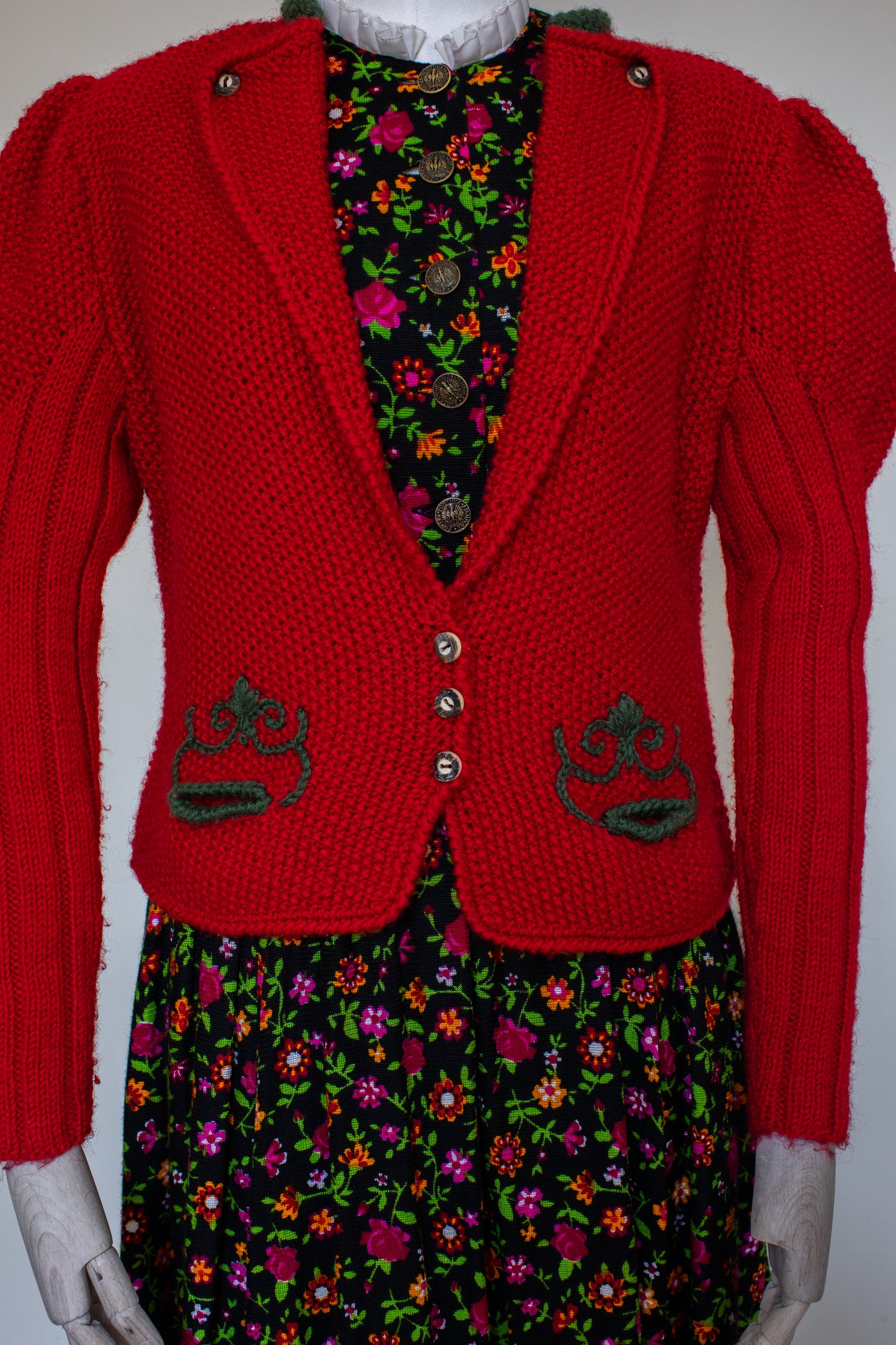 Vintage Red Hand Knitted Austrian Cardigan with a Green Trim Size S-M