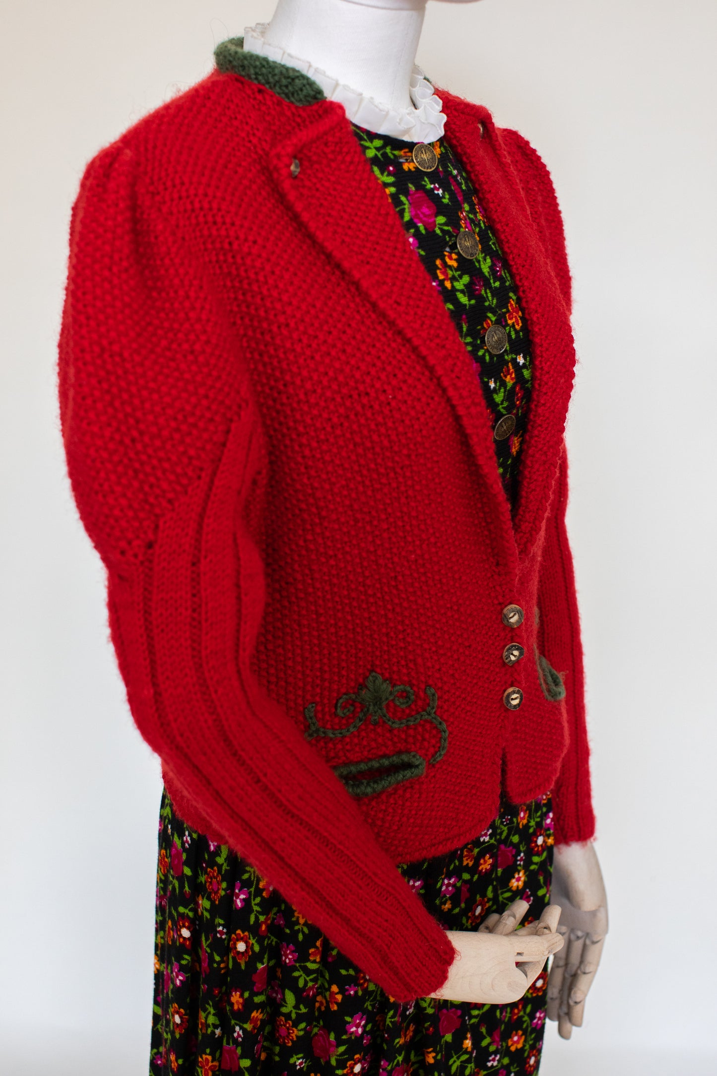 Vintage Red Hand Knitted Austrian Cardigan with a Green Trim Size S-M