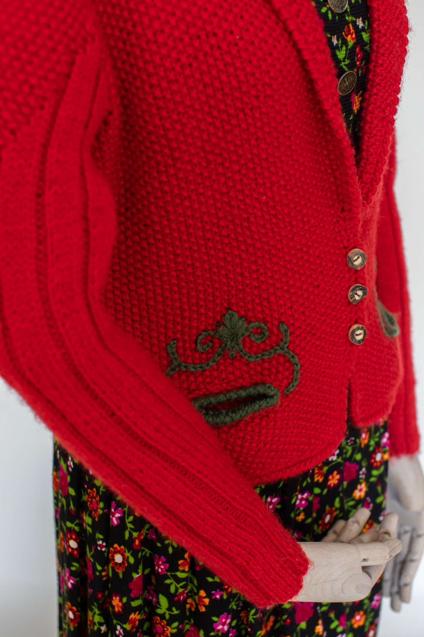 Vintage Red Hand Knitted Austrian Cardigan with a Green Trim Size S-M