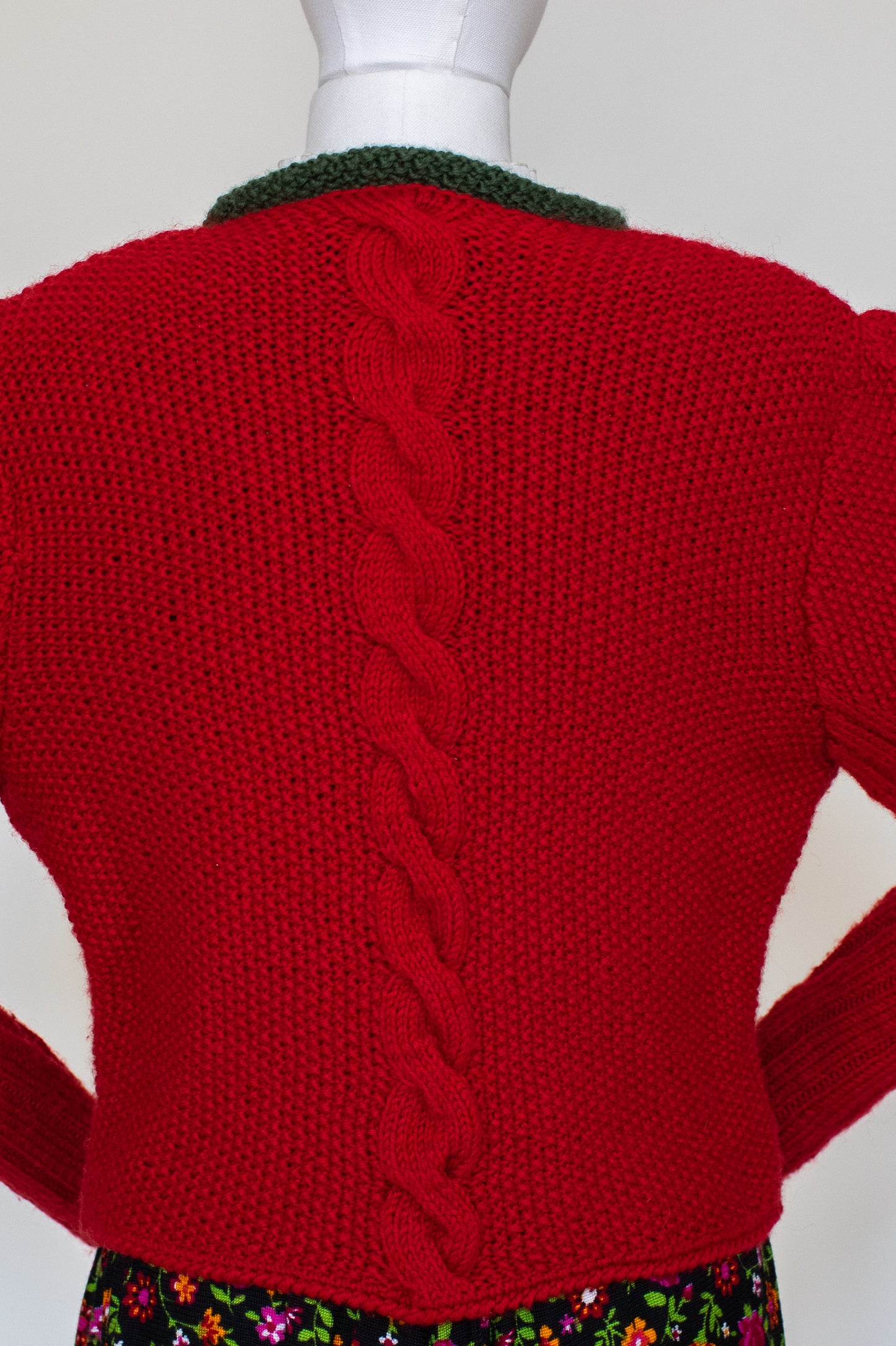 Vintage Red Hand Knitted Austrian Cardigan with a Green Trim Size S-M