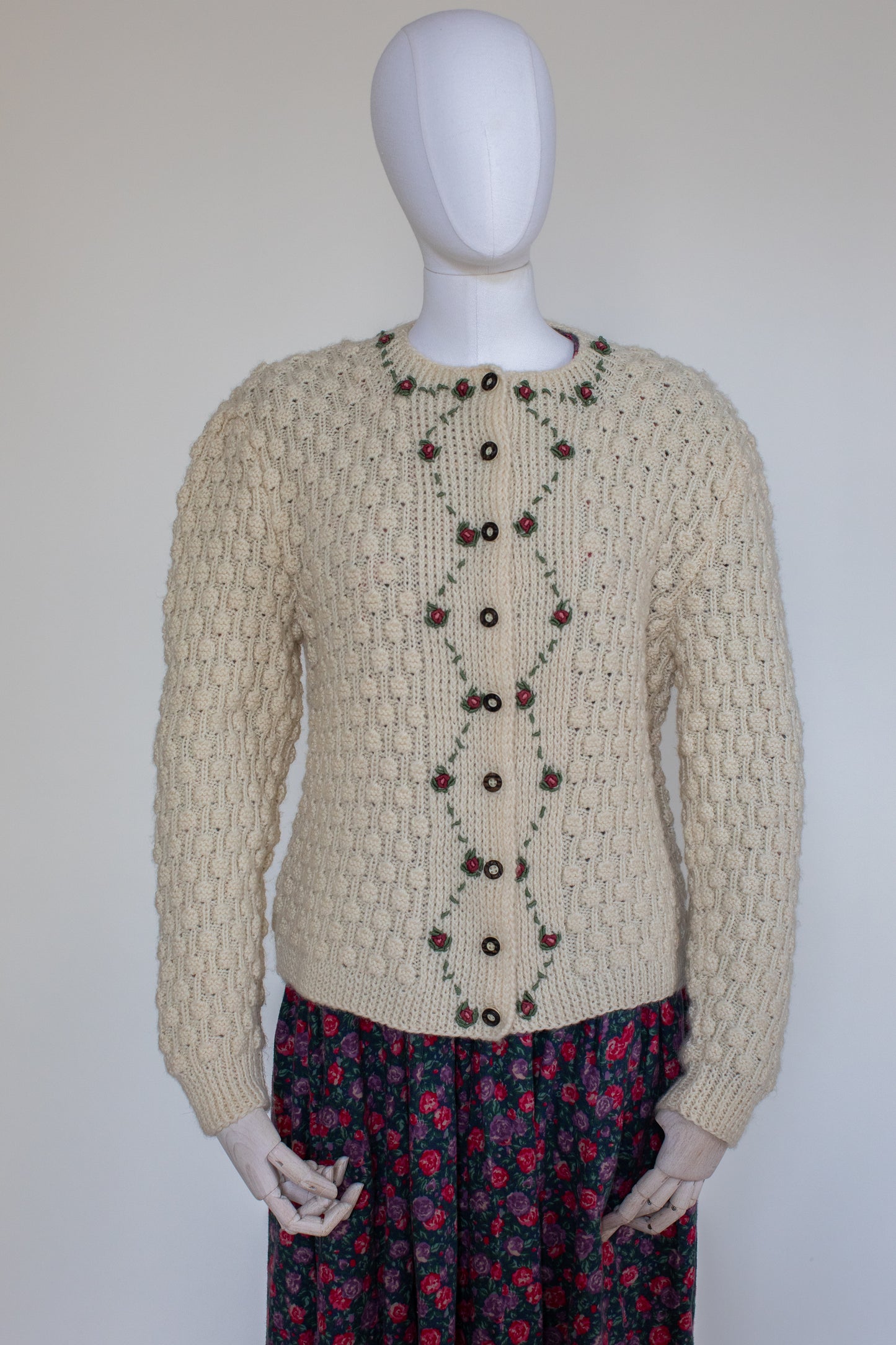 Vintage Beige Hand Knitted Austrian Cardigan with Floral Embroidery Size M/L