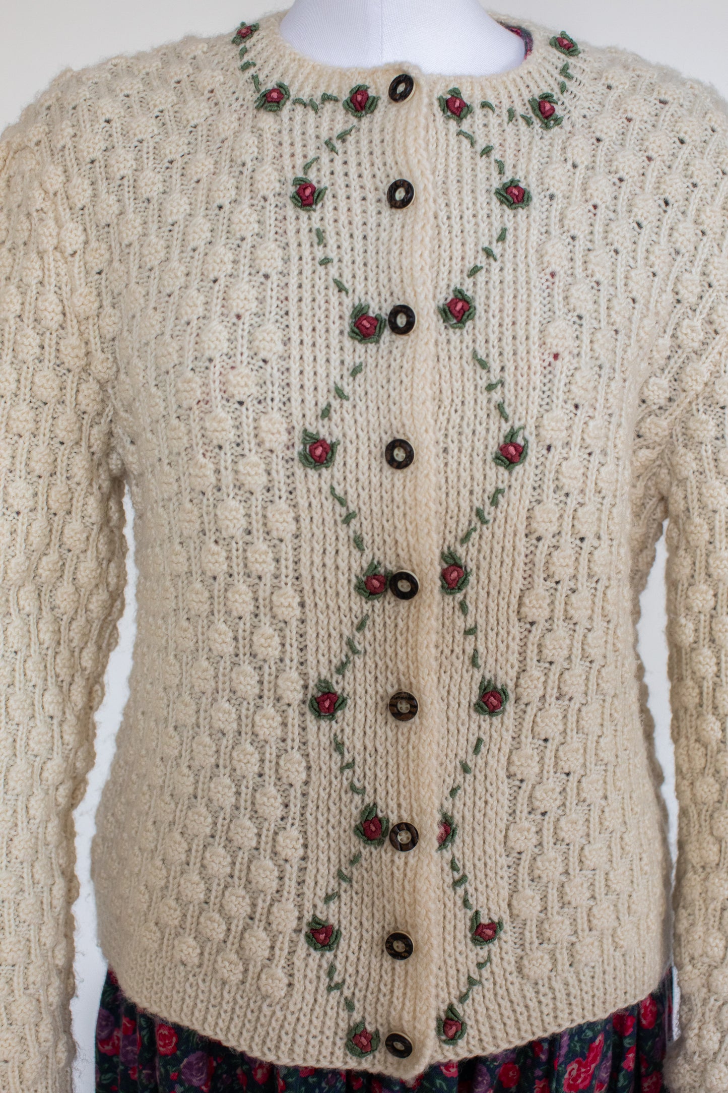 Vintage Beige Hand Knitted Austrian Cardigan with Floral Embroidery Size M/L