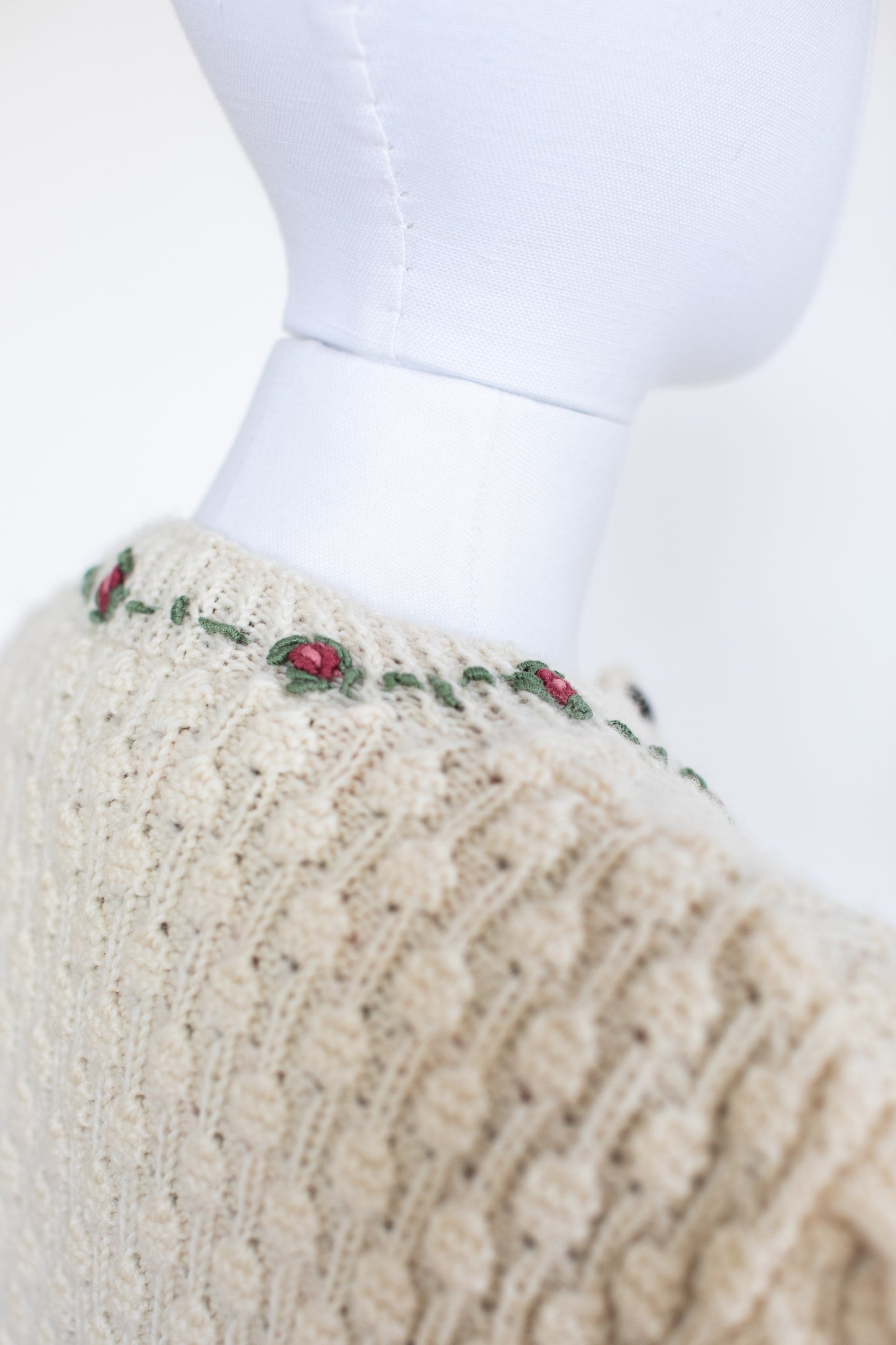 Vintage Beige Hand Knitted Austrian Cardigan with Floral Embroidery Size M/L