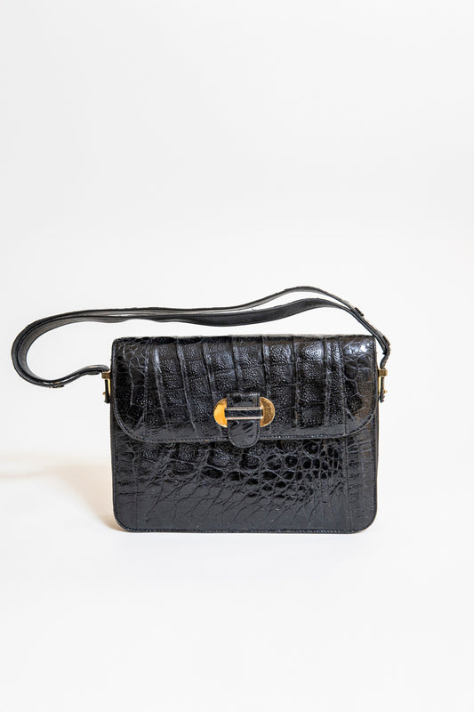 Vintage Black Caiman Shoulder Bag