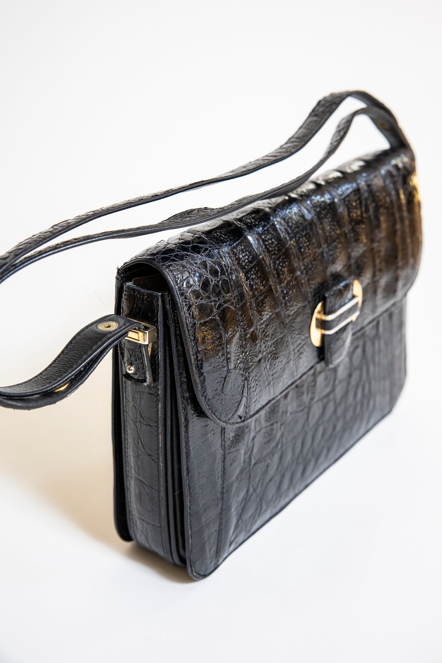 Vintage Black Caiman Shoulder Bag