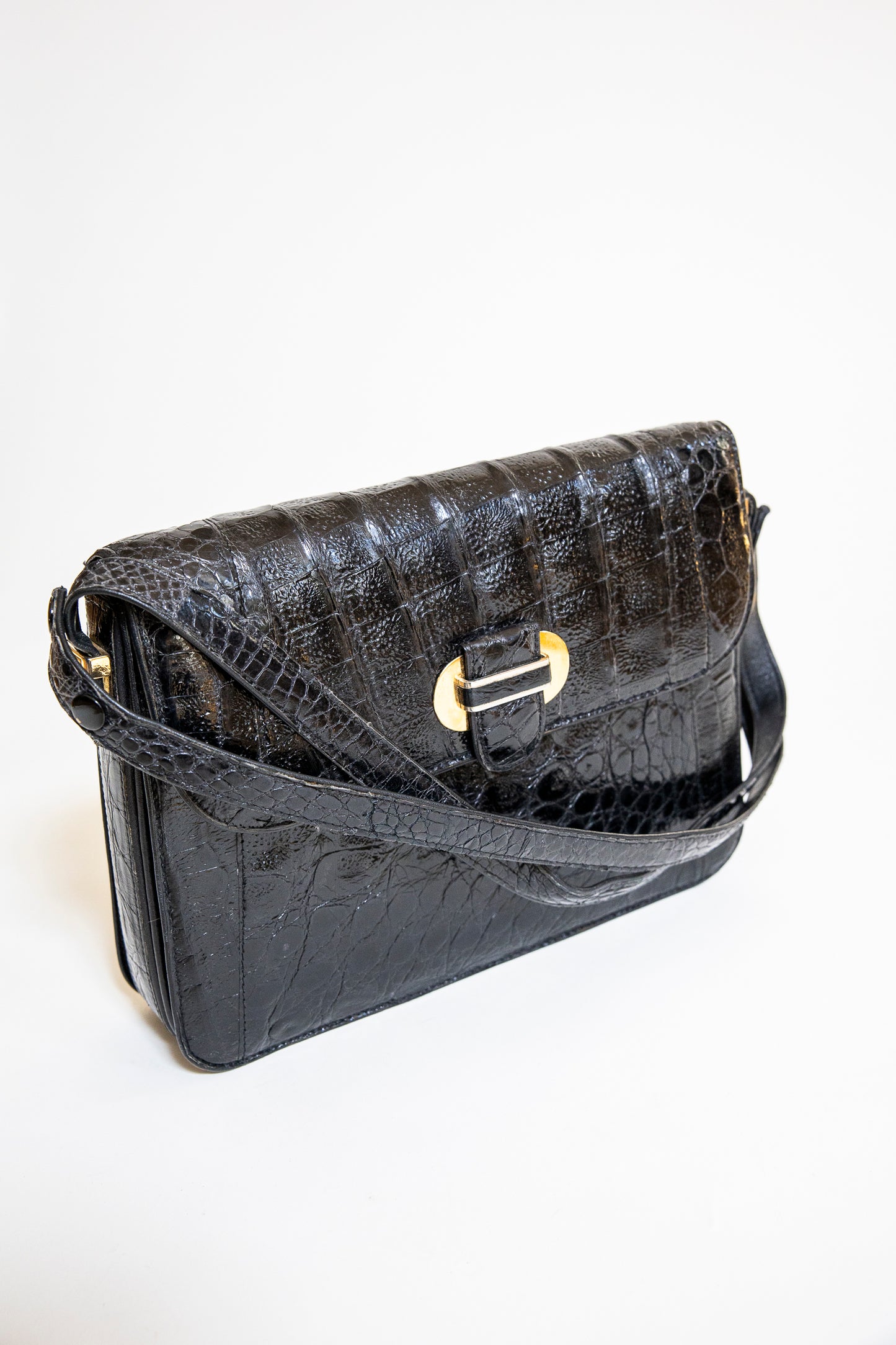 Vintage Black Caiman Shoulder Bag