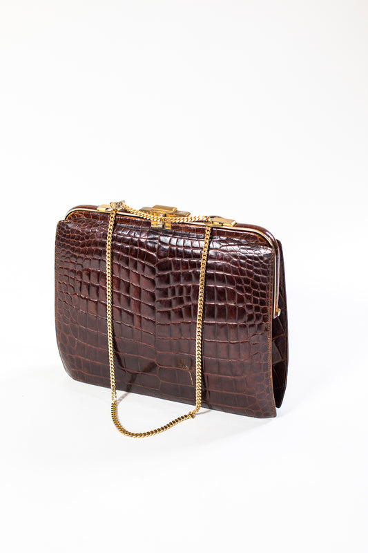 Large Vintage Brown Croc Bag with a Chain
