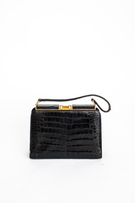 1970 Vintage Large Black Crocodile Leather Handbag