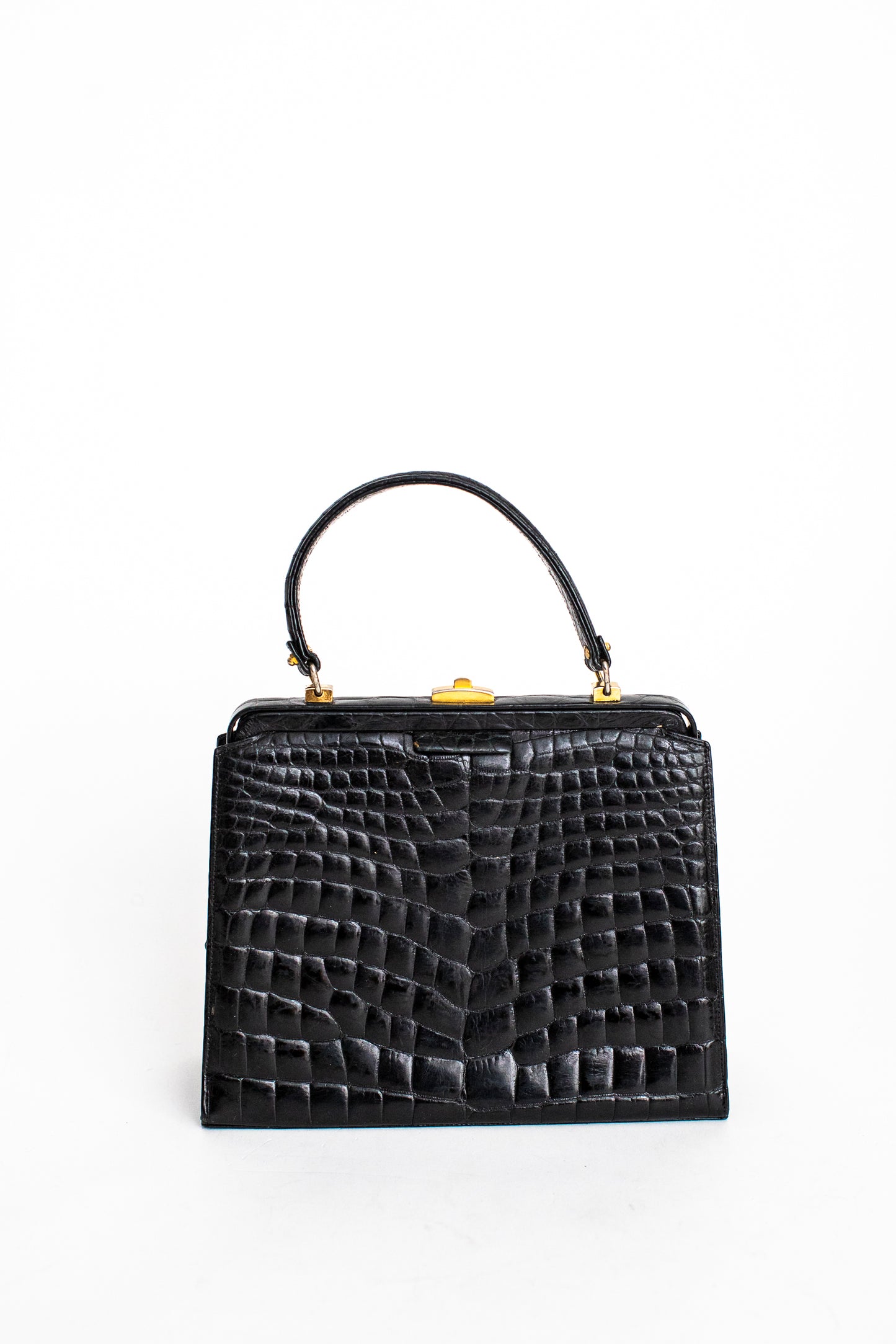 1970 Vintage Large Crocodile Leather Black Handbag