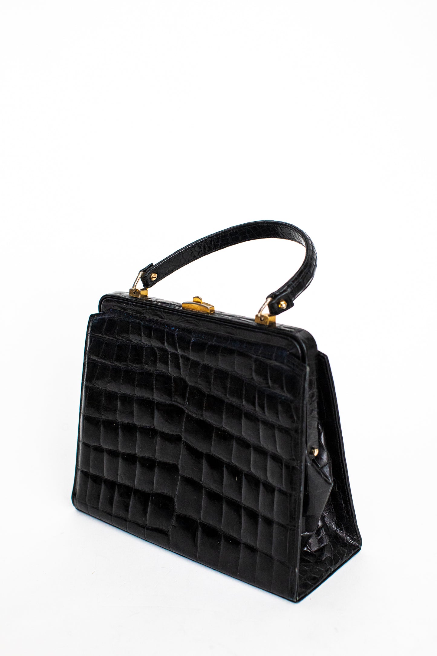 1970 Vintage Large Crocodile Leather Black Handbag
