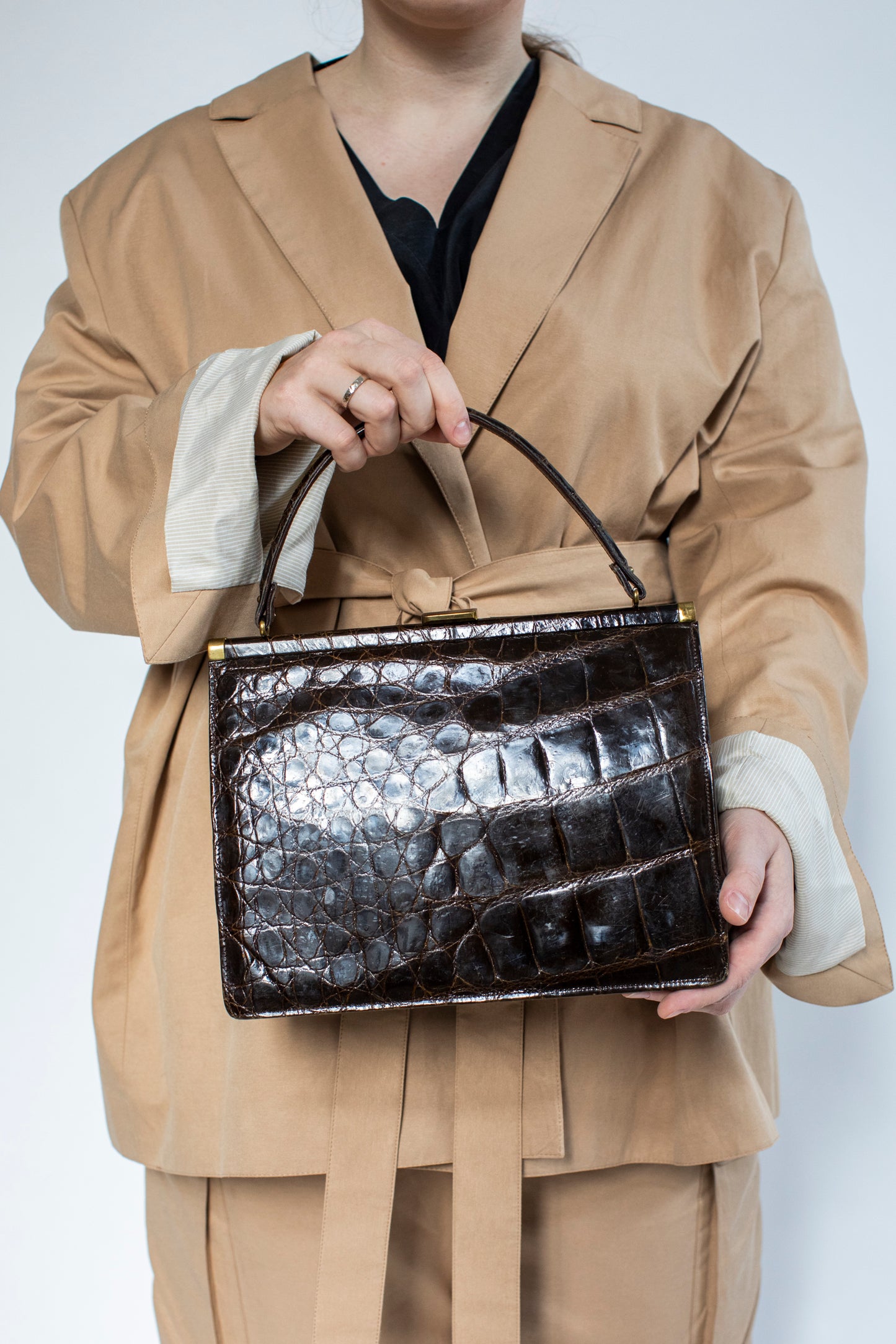 1960 Vintage Brown Crocodile Leather Handbag with a Wallet