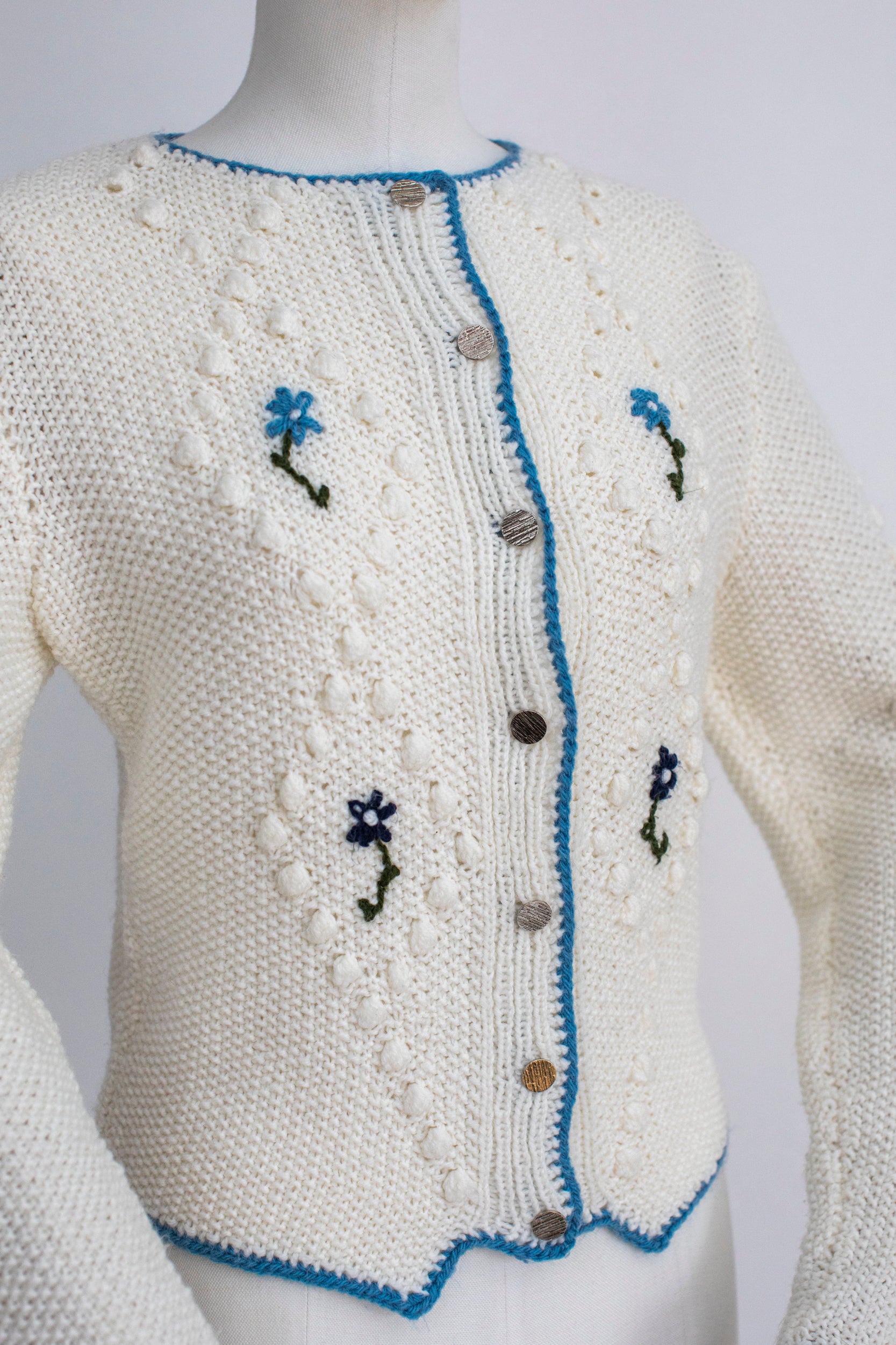 Vintage White Hand Knitted Austrian Cardigan with Floral