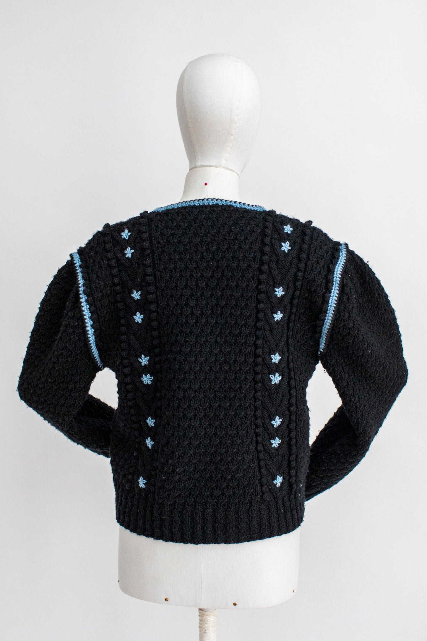 Vintage Blue Hand Knitted Austrian Cardigan with Floral Embroidery Size S-M
