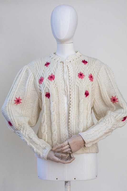 Vintage Beige Hand Knitted Austrian Cardigan with Floral Embroidery Size M-L