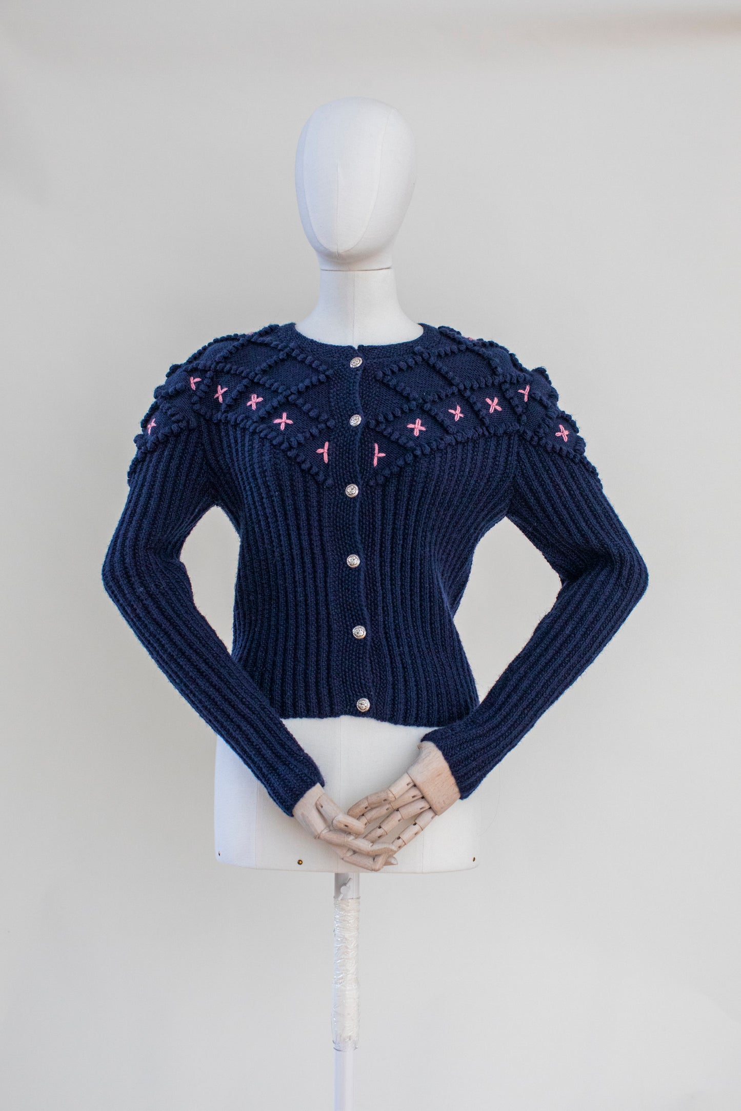 Vintage Blue Hand Knitted Austrian Cardigan with Floral Embroidery Size XS-S