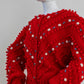 Vintage Red Hand Knitted Austrian Cardigan with 3D Pom Pom Embroidery Size L-XL