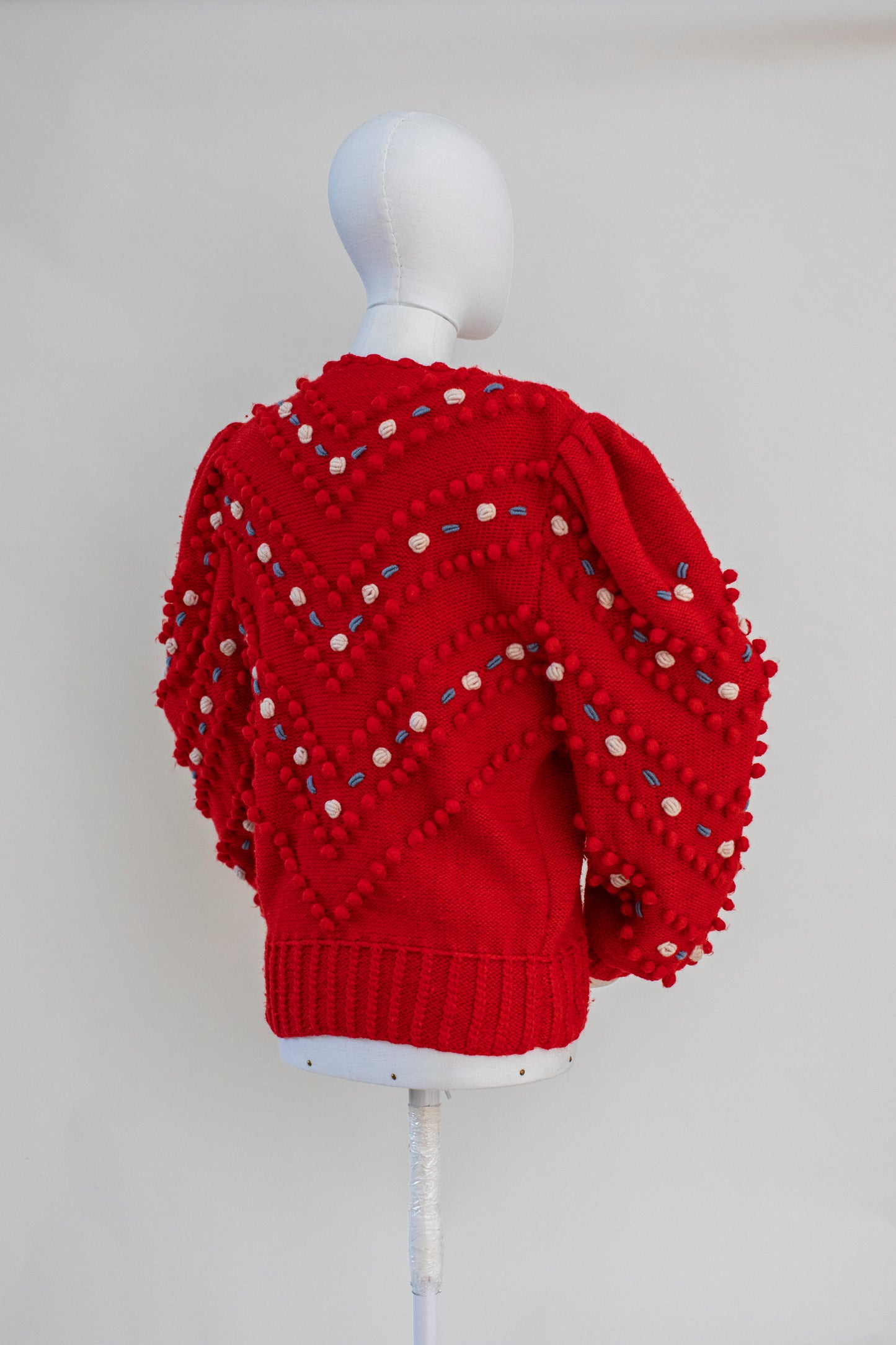 Vintage Red Hand Knitted Austrian Cardigan with 3D Pom Pom Embroidery Size L-XL
