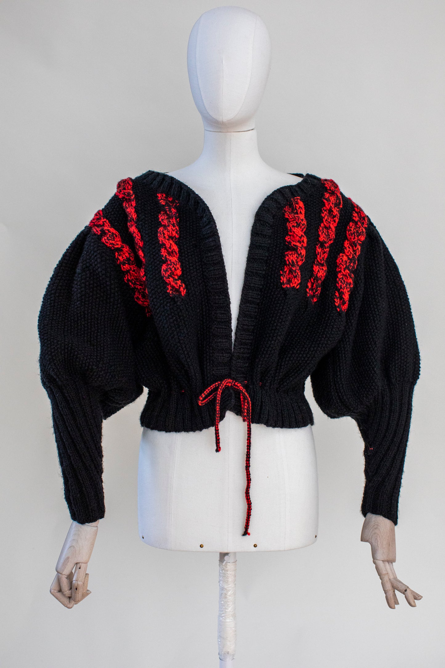 Vintage Black Hand Knitted Austrian Cardigan with Red Embroidery Size S-M