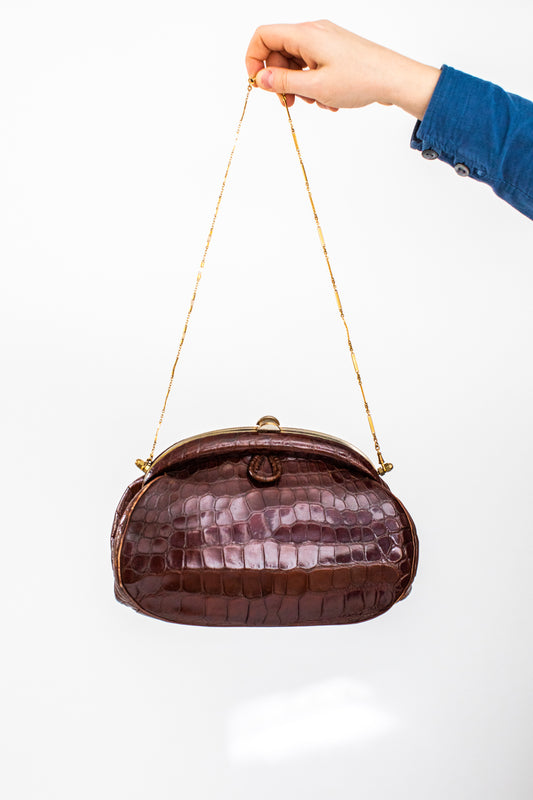 Vintage 40's 50's Brown Crocodile Bag with Chain
